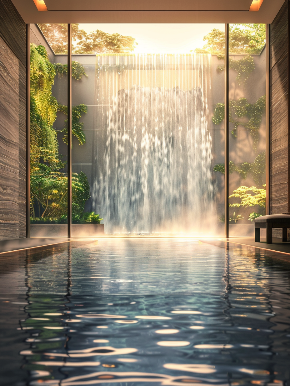 Capture a photorealistic image of a luxurious hotel room, inspired by the serene beauty of a waterfall, employing the soft, diffused light of early morning. The room, a harmonious blend of modern design and natural elements, features a large, floor-to-ceiling window that frames the cascading water outside, acting as a dynamic, living mural. Subtle global illumination accentuates the textures of stone and wood, reflecting the serene colors of dawn. Use a Canon EOS R5 with a 24-70mm f/2.8 lens for sharp focus and high detail, set at a focal length of 35mm to achieve a natural field of view akin to the human eye. The exposure should be balanced to capture the delicate play of light and shadow, echoing the work of a renowned landscape photographer, emphasizing the tactile quality of materials and the peaceful, rejuvenating atmosphere.