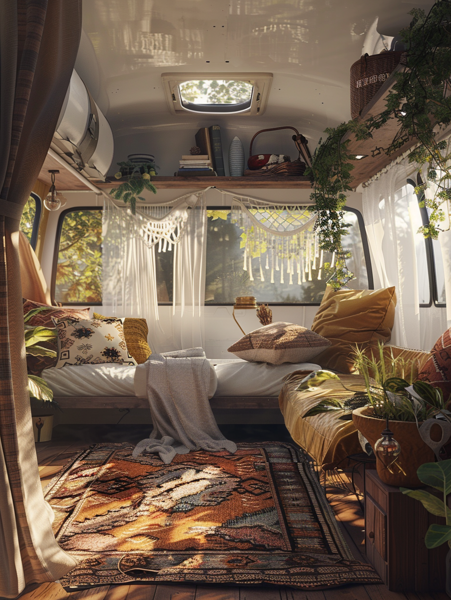 Craft a photorealistic image that encapsulates the essence of Boho Camper Van Interior Design, reminiscent of high-quality 2020s visual content. Picture a wide-angle view (24mm lens, f/2.8 for depth of field emphasis), ensuring sharp focus and high detail throughout. The scene is bathed in soft, natural light, filtering through sheer, patterned curtains, casting a warm, inviting glow and intricate shadows across the interior. The composition skillfully balances the cozy boho elements: a plush, Moroccan-style rug, intricate macrame decorations, and lush, hanging greenery. Vintage wooden furniture adds a touch of rustic charm, contrasted with modern, minimalist technology discreetly integrated for convenience. The textures—from the soft throw pillows to the rough, natural wood grains—are palpable, enhanced by subtle film grain to convey a tangible, lived-in atmosphere. The setting suggests a late afternoon, where the golden hour meets the interior's earthy tones, creating a serene, inviting scene that beckons the viewer to step inside and explore the freedom of life on the road, styled with a bohemian flair.