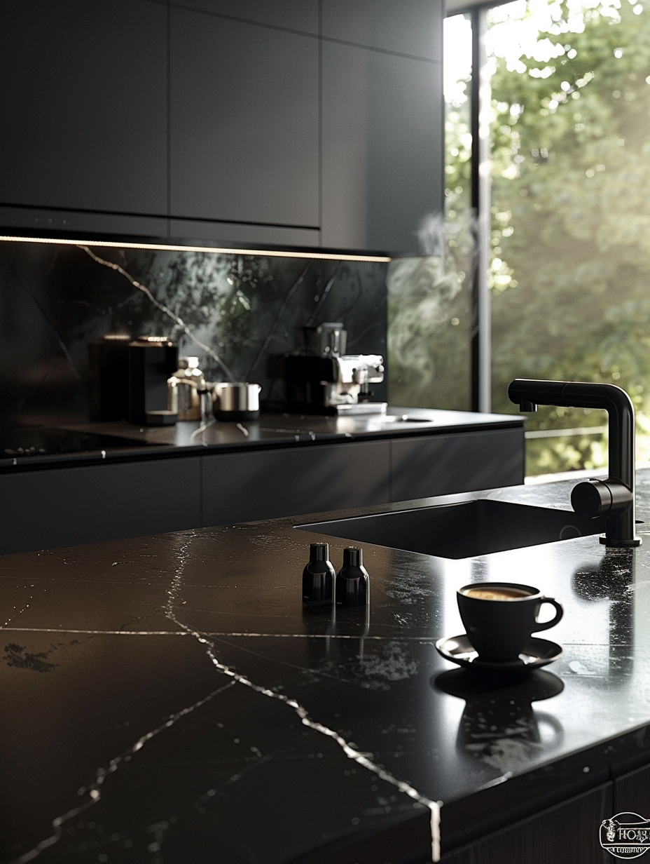 Capture a photorealistic image of a luxe, black modern kitchen bathed in the soft glow of morning light, funneling in through floor-to-ceiling windows. The composition focuses sharply on the sleek, black marble countertops with a high-detail finish, contrasting against matte black cabinetry. Incorporate global illumination to highlight the subtle textures and reflections on surfaces, ensuring a rich interplay of light and shadow that defines the volumes and spaces within the scene. The camera, a Canon EOS R5 equipped with a 24-70mm f/2.8L lens, is set to capture the scene at a 35mm focal length, ensuring depth and a broad perspective that includes architectural elements like the geometric, minimalist light fixtures. Mimic the style seen in high-quality architectural digest spreads of the 2020s, with a slight emphasis on sharp focus, film grain, and balanced composition to enhance the realistic atmosphere. The scene should evoke a serene morning, with a steaming espresso cup subtly placed on the counter, adding to the lived-in feel.