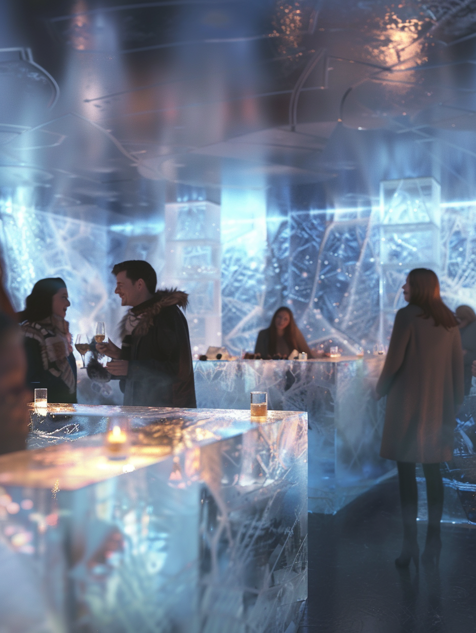 Craft a photorealistic image capturing the essence of an ice bar, inspired by the enchanting allure of the North Pole. The main focus should be on the intricately carved ice sculptures doubling as bar counters, with detailed, translucent patterns that gleam under the soft, diffused light, mimicking the ethereal glow of polar twilight. Incorporate global illumination to enhance the shimmer on the surfaces, creating a delicate interplay of light and shadow that highlights the texture of the ice, making it appear almost liquid. Use a camera setting that emulates the Leica Q2 for its sharp focus and unparalleled detail capture, with a 28mm lens at f/1.7 to achieve a shallow depth of field, blurring the background slightly for a dreamy effect. The composition should be balanced with a symmetrical layout, drawing the eye to the center of the bar. The inclusion of patrons dressed in cozy, winter attire, laughing softly and holding colorful cocktails that contrast with the monochrome ice, adds a layer of warmth to the scene. Opt for a style that reflects the high-quality visual content of the 2020s, akin to the nuanced lighting and atmospheric depth seen in Emmanuel Lubezki’s cinematography, ensuring the scene is imbued with realism and depth, down to the last frosty detail.