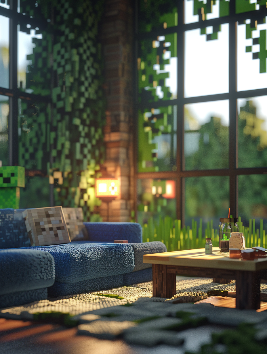 Create a photorealistic image capturing a cozy, Minecraft-inspired living room. The main subject is a blocky, oversized, pixel-art styled sofa made of deep blue wool textures, situated centrally. It's illuminated by global lighting simulating a soft, late afternoon sun filtering through large, squared, glass-pane windows, casting dynamic shadows and highlighting the intricate pixel details and material textures. The room is warmly lit, with shadows adding depth and contrast, mimicking a scene shot by a Canon EOS 5D Mark IV with a 24mm f/1.4L lens, ensuring sharp focus and high detail. Environmental elements like a pixelated, green creeper rug, and a low, wooden coffee table with Minecraft potion bottles and a blocky, redstone lamp add contextual detail. The composition is balanced, evoking a serene yet playful atmosphere, reminiscent of high-quality 2020s interior design photography, integrating advanced lighting techniques for a realistic portrayal.