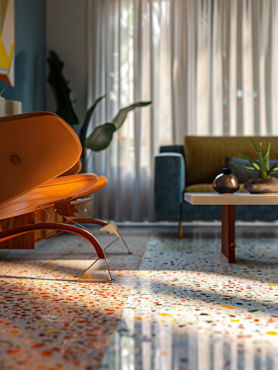 Capture a photorealistic image of a retro revival themed interior design, focusing on the vibrant intricacies of terrazzo flooring. Employ advanced lighting techniques to highlight the colorful flecks within the terrazzo, using a combination of natural light filtering through sheer curtains and soft, global illumination to mimic early morning sunlight. The camera settings should mimic a Canon EOS 5D Mark IV with a 24-70mm f/2.8L lens, set to capture the high detail and sharp focus necessary to appreciate the texture of the materials. Compositionally, the scene is balanced with vintage furniture pieces directly complementing the terrazzo's color palette, including a mid-century modern sofa and a sleek, geometric coffee table. Ensure the image resonates with the style of high-quality 2020s visual content, akin to architectural digest features, with a subtle addition of film grain to enhance the retro aesthetic. The mood is inviting and warm, with the play of light and shadow adding depth and dimension to the scene.