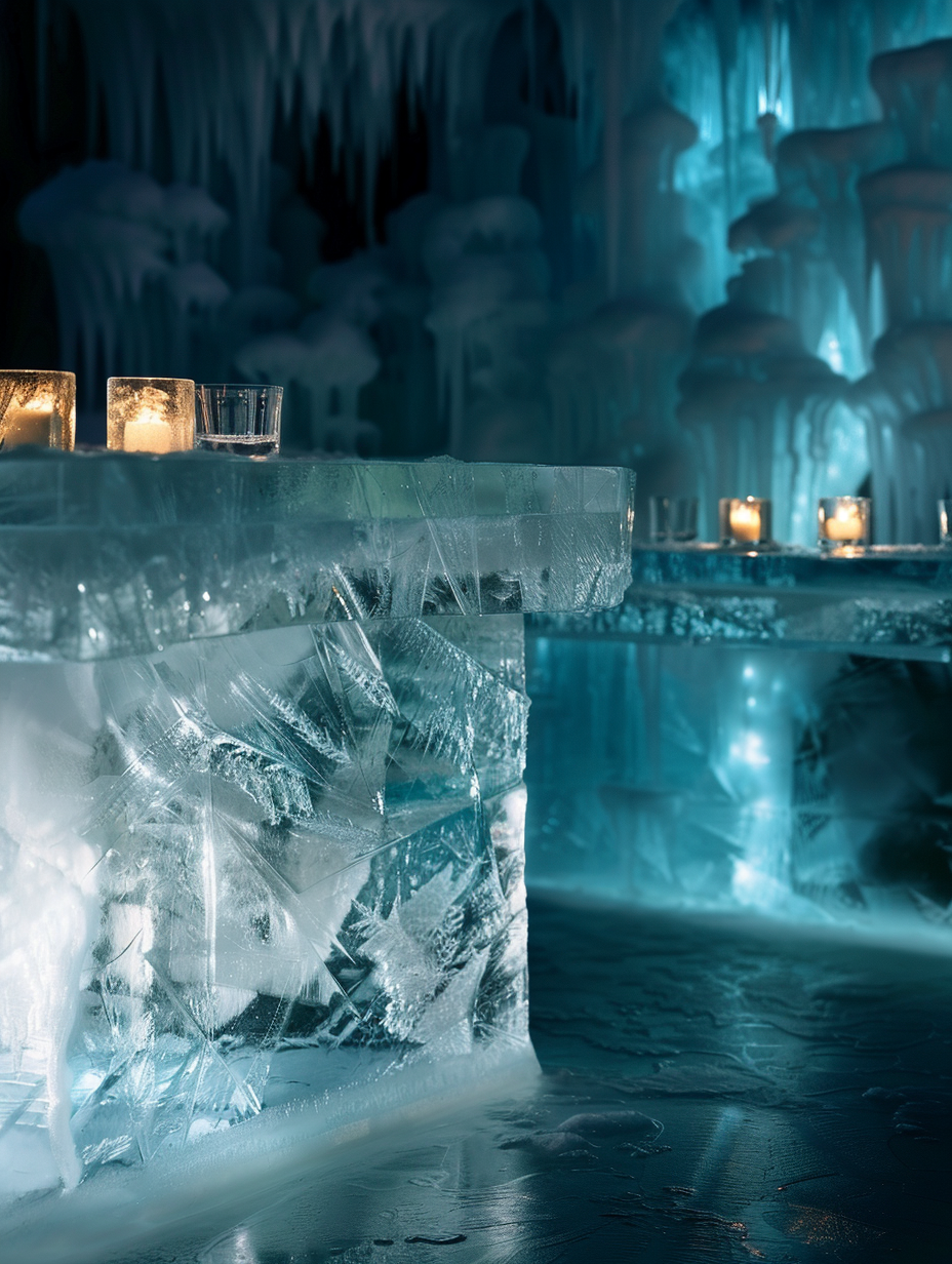 Craft a photorealistic image capturing the essence of an Ice Bar, intricately designed to echo the serene vastness of the North Pole. The scene is bathed in the soft, ethereal glow of aurora-inspired lighting, casting a spectrum of cool hues over the smooth, translucent surfaces of ice sculptures doubling as functional bar elements. Emphasize high detail and sharp focus to portray the intricate patterns of frost and the clarity of ice, akin to the style of a high-resolution, DSLR photograph (think Canon 5D Mark IV, with a 24-70mm f/2.8 lens for a blend of wide-angle and detailed shots). The overall composition balances the warmth of scattered, dimly lit candles against the cool tones of the ice, creating a captivating contrast. The ambient light should simulate the natural light typical of the North Pole's summer months, softened by the inherent diffusion properties of the bar's ice walls. This setting demands a meticulous arrangement, reminiscent of a scene from a 2020s high-budget, visually stunning film, where every detail contributes to the narrative of luxury and chilling wonder.