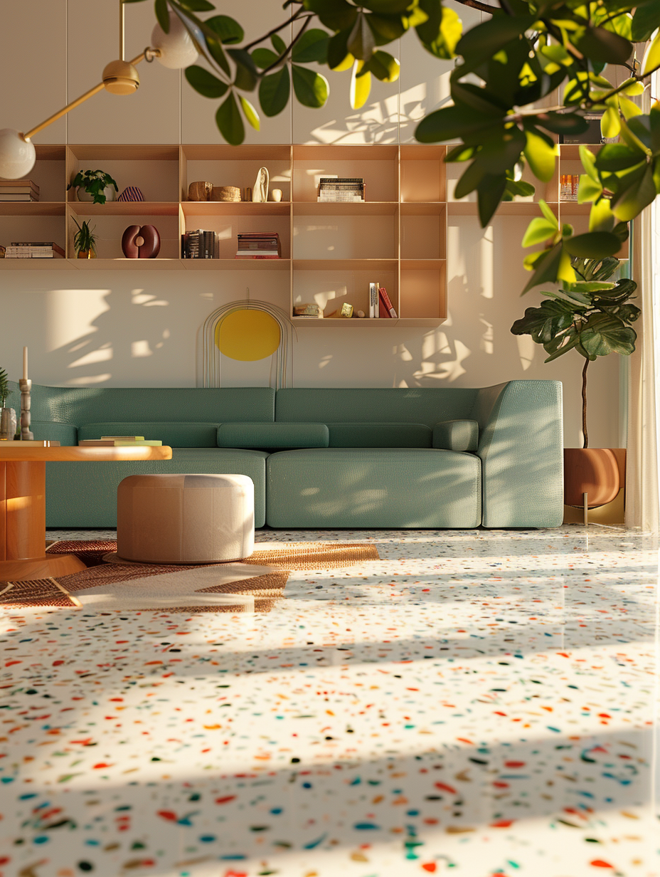 Generate a photorealistic image of a spacious living room, embodying a retro revival theme with a focus on terrazzo flooring. The terrazzo, a melange of large pastel and vibrant colored chips, gleams under a diffuse natural daylight simulating a late afternoon. Ensure the room features mid-century modern furniture, including a sleek, low-profile sofa in muted teal, a geometric-patterned rug, and minimalist shelves adorned with period-appropriate decor. The scene is balanced with a large, leafy indoor plant casting subtle shadows on the terrazzo, enhancing the texture and depth of the scene. Utilize a Canon EOS R5 camera equipped with a RF 24-70mm F2.8 L IS USM lens, settings optimized for an indoor shoot to capture the nuanced interplay of light and shadow. Emphasize high detail, sharp focus with a shallow depth of field, and a hint of film grain to evoke an authentic, lived-in feel reflective of 2020s high-quality interior design content, reminiscent of the visual storytelling found in the works of photographers like William Abranowicz.