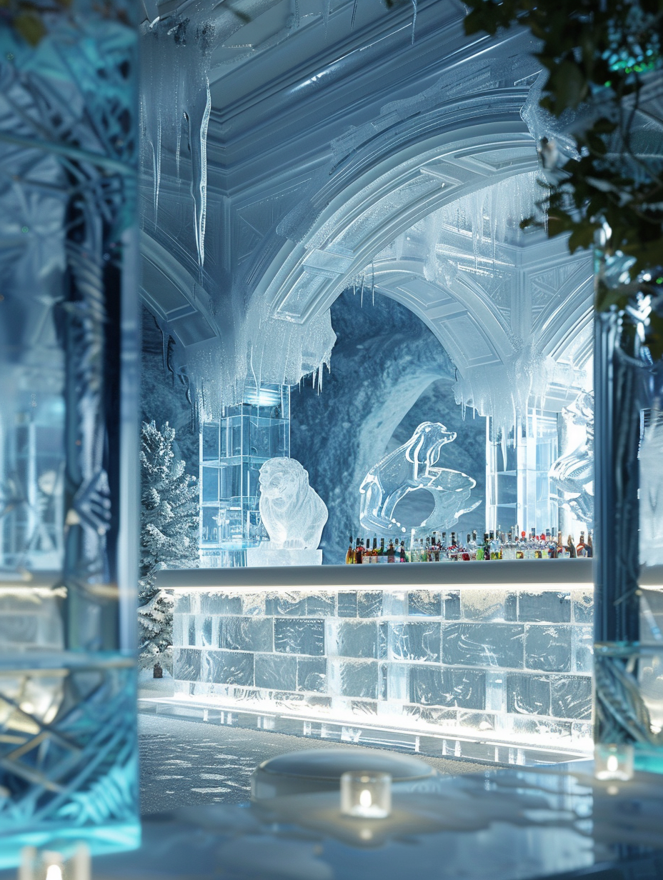 Generate a photorealistic image depicting the sophisticated interior of a bar inspired by the North Pole. The main subject focuses on a grand, ice-carved bar counter, elegantly illuminated by soft, diffused, global lighting, mimicking the ethereal glow of the Arctic sun through a translucent ice ceiling. Incorporate sharp focus on the intricate carvings of arctic animals adorning the ice walls, highlighting the textures with a balance of light and shadow to enhance depth. The scene is brought to life with the addition of fine, delicate frost patterns over surfaces, suggesting a chilling but inviting atmosphere. Use advanced camera settings, akin to a Nikon D850 using a 24-70mm f/2.8 lens, to capture this scene in high detail, ensuring the depth of field subtly blurs the background, emphasizing the bar counter's craftsmanship. Emulate the style of high-quality 2020s visual content, reminiscent of the crisp, immersive scenes found in David Attenborough’s documentaries, ensuring a realistic, balanced composition that meticulously records the interaction between natural light and ice’s reflective properties.