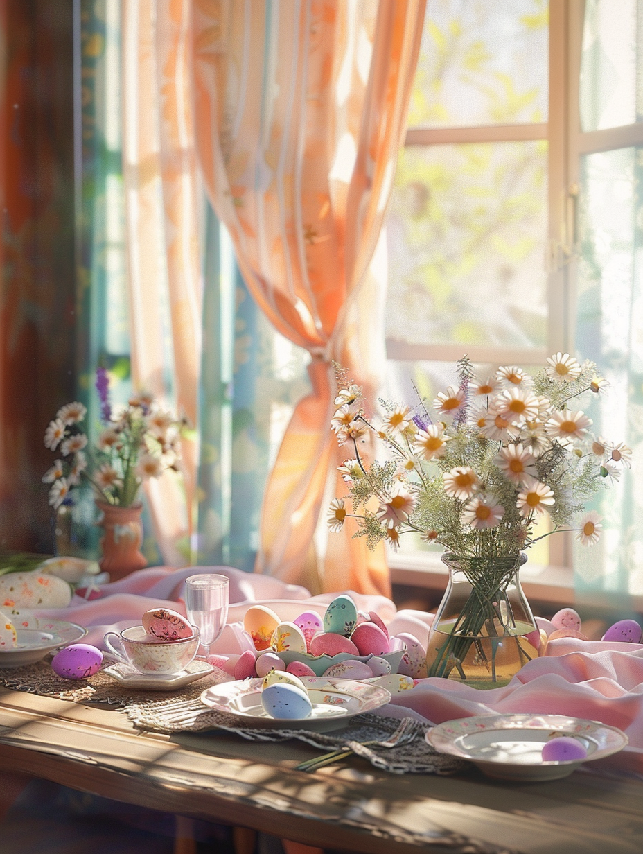 Capture a photorealistic image of an Easter-themed interior, bathed in the warm, soft morning glow through sheer curtains, offering a serene ambiance. Center the scene around a rustic wooden dining table, meticulously set for an Easter brunch, adorned with pastel-colored linens, delicate porcelain with floral patterns, and scattered with vibrantly painted eggs. Incorporate a centerpiece of fresh spring flowers in a vintage glass vase, subtly reflecting the sunlight, creating a picturesque play of light and shadow across the table's surface. Employ a full-frame DSLR camera setup, using a 50mm prime lens at f/1.8 to achieve a high level of detail and depth of field, rendering textures and colors with striking clarity. Mimic the style of a high-quality 2020s interior design magazine spread, ensuring the composition is well-balanced, with sharp focus on the table setting while maintaining the softness of the background elements, adding a gentle film grain effect to enhance the realistic and tactile quality of the scene.