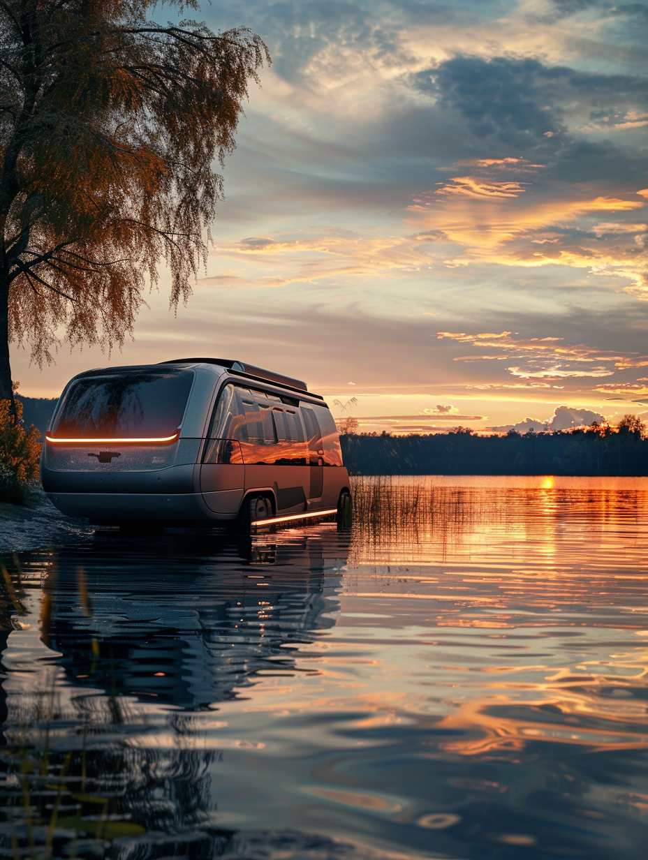 Craft a photorealistic image of a futuristic camper van parked beside a serene lake during the golden hour, using the Canon EOS R5 with a RF 24-70mm F2.8 lens set at 50mm, f/8 for sharp focus across the scene. The van's sleek, metallic surface reflects the warmth of the setting sun, contrasting with the cool blues of the lake and sky. Advanced lighting techniques should highlight the global illumination and the natural interplay of light and shadow, showcasing the van's innovative design features like solar panels and a retractable roof. The environment adds texture with the gentle ripples on the lake’s surface and the fine details of the surrounding wild grass, subtly swaying. Emulate the visual style of 2020s high-quality automotive ads, ensuring high detail, balanced composition, and a hint of film grain to add depth and realism.