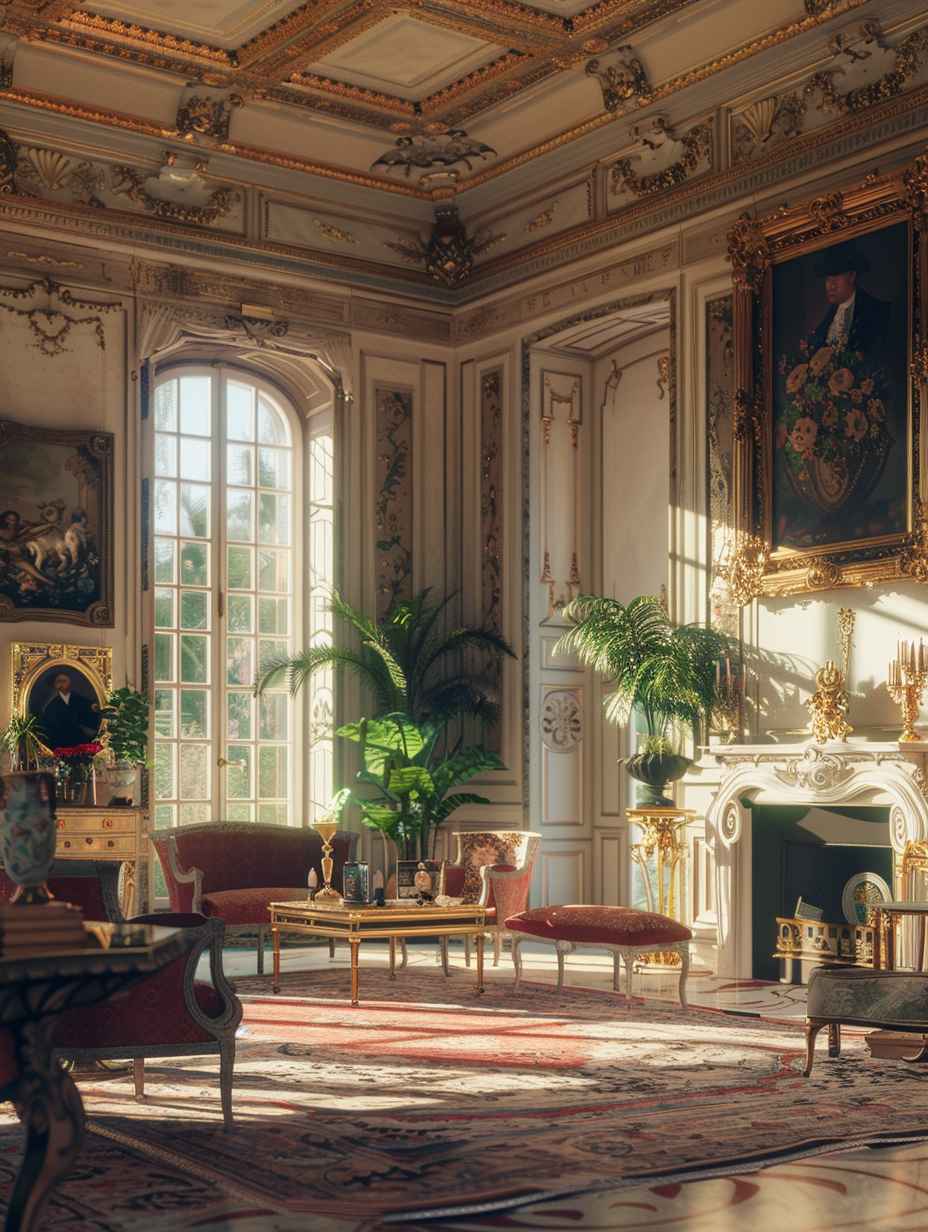 Capture an opulent French villa interior that radiates sophistication and historic charm, reminiscent of a scene captured by the esteemed architectural photographer Julius Shulman in the 2020s. The main subject is the grand salon, designed with lavish attention to detail: high ceilings adorned with intricate plaster moldings, walls lined with golden-framed classical paintings, and an imposing marble fireplace. Natural light floods in through floor-to-ceiling French windows, enhanced by global illumination techniques to highlight the rich textures of the velvet-upholstered Louis XVI furniture and the Persian rug underfoot. The camera, a Canon EOS R5 equipped with a 24-70mm f/2.8L lens, is set for sharp focus, subtly incorporating the principles of the golden ratio to ensure a balanced composition. The angle captures the play of light and shadow across the scene, emphasizing the high detail and depth with a touch of film grain for a photorealistic finish. The mood is serene, a timeless snapshot of elegance.