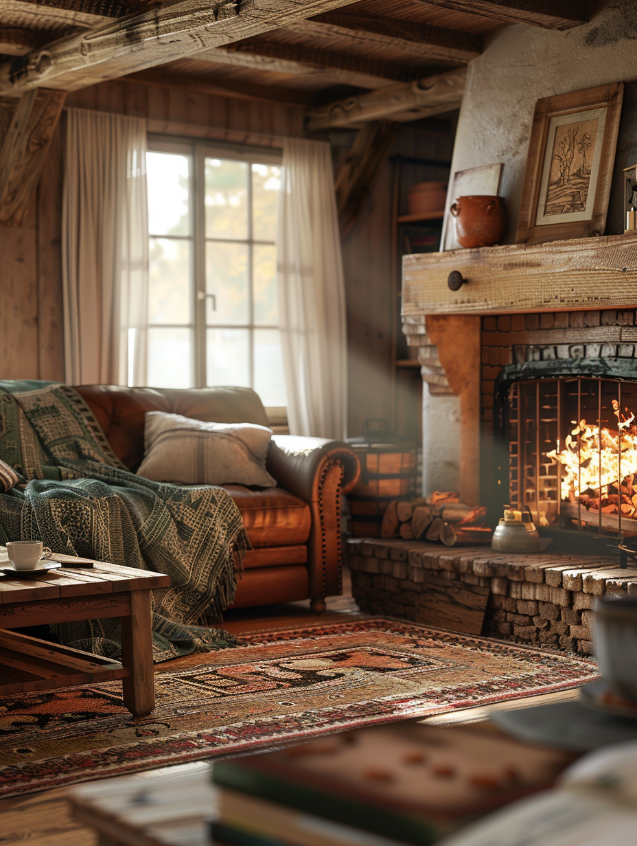 Capture a photorealistic image of a rustic farmhouse living room, embodying homely touches with meticulous attention to texture, light, and composition. The main scene unfolds around a cozy fireplace, with crackling logs casting a warm glow. Early morning sunlight filters through sheer linen curtains, introducing a soft, natural light that highlights the intricate patterns on a handwoven rug sprawling across weathered hardwood floors. A vintage, tufted leather couch, adorned with hand-stitched pillows, invites relaxation. On the reclaimed wood coffee table, a steaming mug of coffee sits beside an open, well-loved book, suggesting a quiet, serene moment. Implement advanced lighting techniques to ensure the intricate play between shadows and highlights accents the rich textures of the room, from the grain of the wood to the softness of the textiles, achieving a balance that feels both lived-in and meticulously curated. Utilize a high-resolution full-frame camera, equipped with a 50mm prime lens set to f/1.8, to achieve a sharp focus on the couch area while softly blurring the background, crafting a depth of field that draws the viewer into the scene. Emulate the high-detail, filmic quality of early 2020s visual content, with a subtle film grain to enhance the rustic aesthetic. The composition should feel equally balanced and dynamic, creating a snapshot that not only showcases the beauty of rustic farmhouse living but also evokes the warmth and comfort of home.