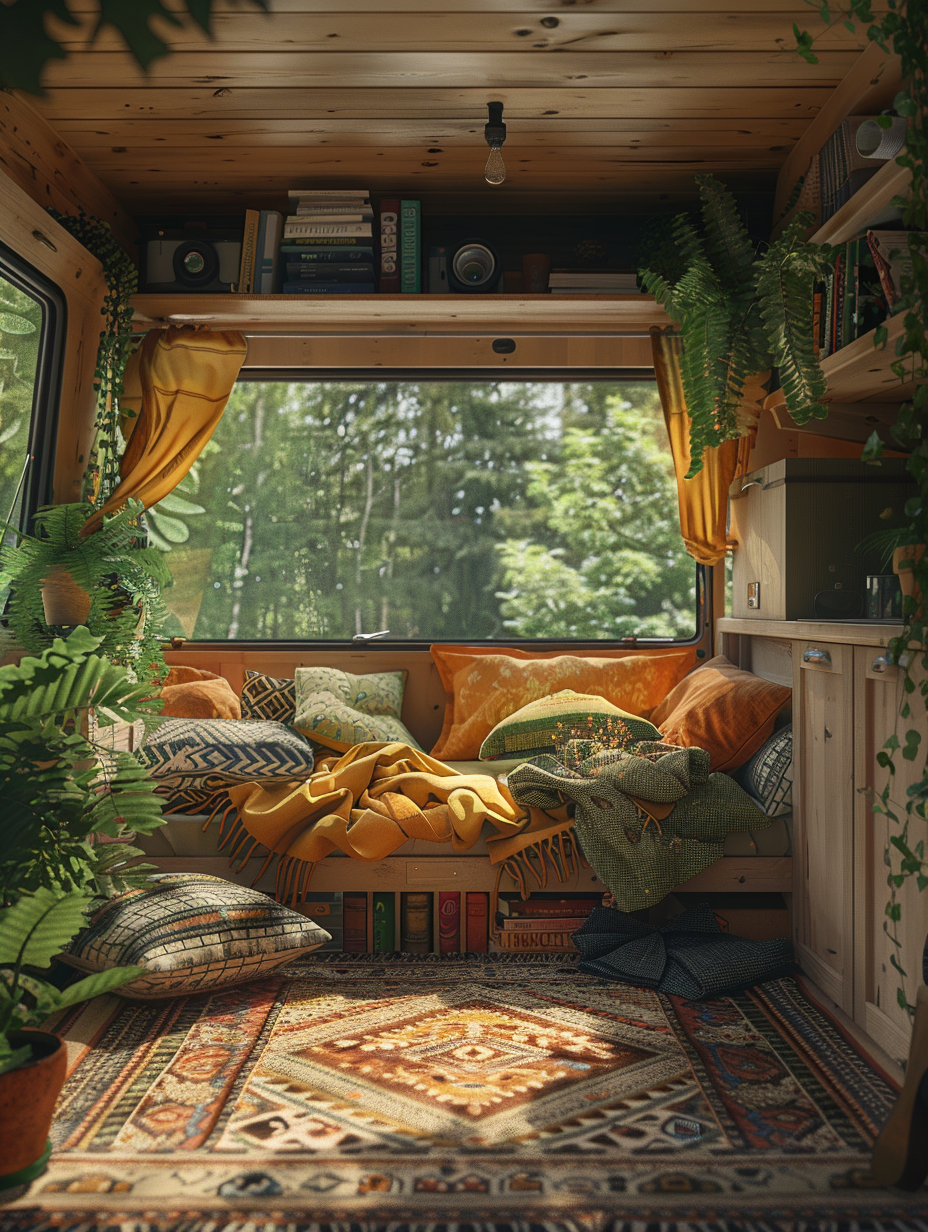 Craft a photorealistic image of a Boho Camper Van Interior, embodying the essence of a cozy, lived-in space abundant with warm, soft textures and a rich, earthy color palette. The scene is illuminated by the gentle, diffused natural light streaming through the van's open windows, ensuring a dynamic interplay of light and shadow that accentuates the intricate patterns on the vintage rugs and the lush greenery of potted plants casually placed around. The camera, a Canon EOS R5 equipped with a 24-70mm f/2.8 L II USM lens, is positioned to capture this intimate setting at eye level, offering a clear, sharp focus that revels in high detail, from the woven fabric of the throw pillows to the intricate wood grain of the open shelving. The image composition mimics the balance and depth of a Gregory Crewdson photograph, with the addition of soft film grain to enhance the texture and a sense of immediacy.