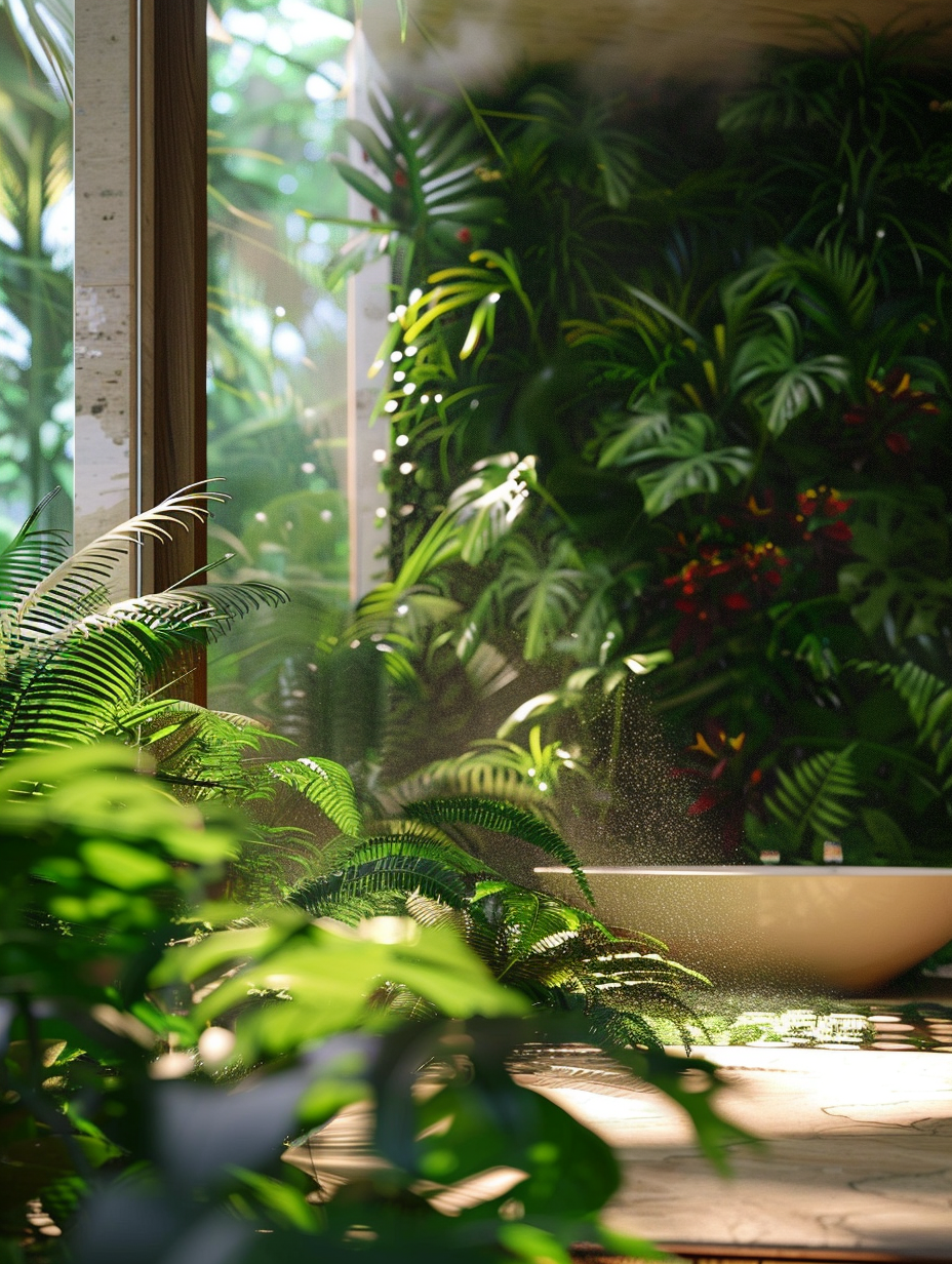 Capture a photorealistic image of a Plants - Shower Room designed with lush jungle inspiration, adopting the clarity and depth emblematic of a Steve McCurry portrait. Utilize a full-frame DSLR camera, pairing it with a 50mm f/1.8 lens to achieve sharp focus on the foreground while gently blurring the background for depth. The scene is illuminated with a soft, diffuse natural light streaming through a frosted glass window, mimicking the soft glow of early morning in a dense, tropical forest. High detail is paramount, showcasing the texture of vibrant green ferns and trailing ivy against the organic, earthy tones of the wood and stone used throughout. Capture the steam rising subtly from the warm water, adding a layer of mystique. Balance the composition with the strategic placement of a sleek, standalone bathtub, asserting modernity amidst the wilderness theme.//}}