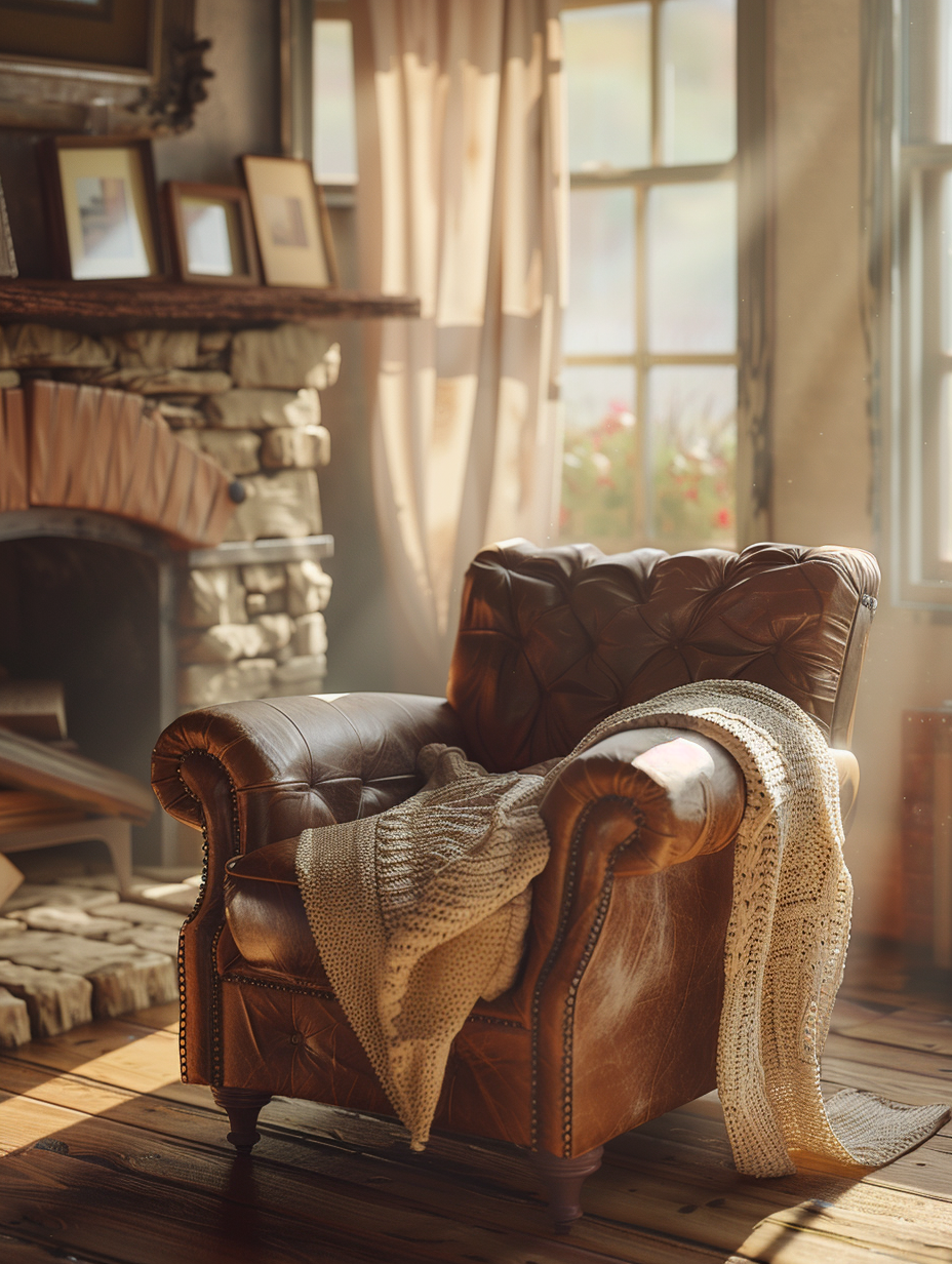 Capture a photorealistic image of a rustic farmhouse living room that radiates homely touches and lived-in warmth. The main subject is an overstuffed, vintage leather armchair, bathed in the golden hue of the late afternoon sunlight peeking through sheer linen curtains. The light casts soft shadows and highlights the texture of the distressed wooden flooring and the hand-knitted wool throw casually draped over the armchair. In the background, a rustic stone fireplace anchors the room, with a mantel adorned by vintage family photographs in mismatched wooden frames. The scene should be shot using a Canon EOS-1D X Mark III, equipped with a Canon EF 50mm f/1.2L USM lens to achieve a shallow depth of field, which softly blurs the background while keeping the armchair in sharp focus. Emulate the style of high-quality 2020s visual content, reminiscent of the intimate, warm photography seen in works by Annie Leibovitz. Aim for a composition that’s balanced yet tells a story, highlighting the contrast between the rich textures and the overall simplicity of rural elegance. The image should have high detail, showcasing the texture of the materials and the nuanced play of light and shadow, with a hint of film grain to add texture and depth, creating a scene that feels both timeless and grounded in reality.