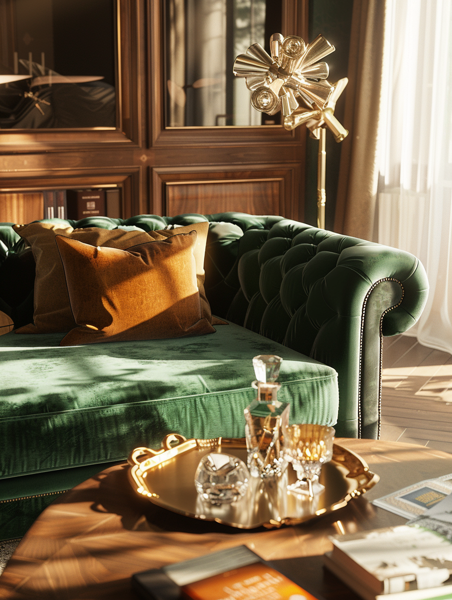 Craft a photorealistic image of a Retro Chic Vintage Glam Living Room, capturing the essence of high-quality 2020s visual content with a nod to iconic photographers like Annie Leibovitz. The room is bathed in soft, natural light, filtering through sheer curtains, creating a warm, inviting atmosphere. Central to the composition is a plush, velvet emerald green sofa, accented with golden throw pillows. A mid-century modern coffee table sits in front, adorned with vintage hardcover books and a brass ornate tray holding a crystal decanter set, glinting under the glow of a geometric brass chandelier overhead. Walnut wood panels line the walls, complementing the herringbone hardwood floor, which catches the light, adding depth and warmth to the scene. A Sputnik-style floor lamp provides a soft backlight, enhancing the texture of the materials and the room's overall mood. The image should be shot using a Canon EOS R5 with a RF 24-70mm F2.8 L IS USM lens, optimal for capturing sharp focus and high detail while maintaining the composition's balance. The settings must ensure a realistic depth of field and a slight film grain texture to evoke a nostalgic yet timeless feeling.