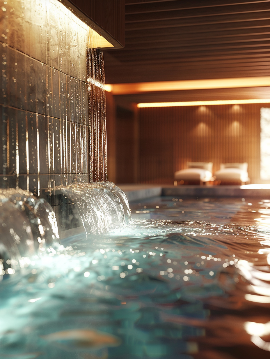 Capture a breathtaking, photorealistic image of a luxury hotel room, inspired by natural waterfalls, under the embrace of natural light. Emphasize the delicate play between light and shadow through global illumination, with details capturing the fluidity and serenity of water against contemporary luxury. Use a Canon EOS R5 camera equipped with a Canon RF 50mm F1.2L USM lens for that sharp focus on textures such as the cascading water feature that blends seamlessly with the modern, elegant decor. Ensure the composition harmonizes the room's architectural elements with the soft, ambient lighting reflecting off the polished surfaces, creating a tranquil, sophisticated atmosphere. Draw inspiration from the high-quality style of Steve McCurry's portraitures for its vivid storytelling through color and light, applying that clarity and depth to the scene's textures, from the lush fabrics to the natural stone accents. Balance the composition with a focus on the interplay of light casting natural shadows, enhancing the room's high-detail finishes and the serene mood of a secluded paradise.