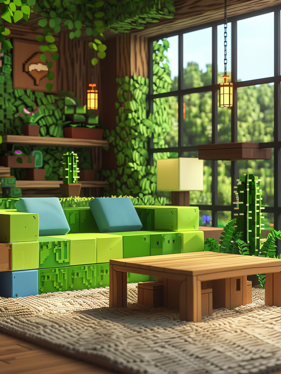 Generate a photorealistic image capturing a Minecraft-inspired interior design, where the charm of the game's blocky aesthetics is translated into a modern, cozy living room setting. The main focus should be a sleek, low-profile sofa made from materials that mimic Minecraft's wool blocks, in vibrant shades of green and blue, positioned in the center. Around it, add a minimalist, oak wood coffee table and shelves filled with real-life incarnations of Minecraft items—diamond ore lamps providing soft, ambient lighting, and potted cacti resembling those found in-game. The room is bathed in natural light streaming through large, floor-to-ceiling glass windows, showcasing an expansive view of a meticulously landscaped garden echoing Minecraft's lush biomes. For this shot, use a camera setup mimicking the Canon EOS R5's capabilities, with a 24-70mm f/2.8 lens for crisp, sharp focus on the details, while still capturing the room's entirety. Lighting should employ global illumination techniques to highlight the texture of materials and the subtle play of light and shadow, creating a balanced composition that feels inviting. The image should emulate the high detail and film grain of 2020s high-quality visual content, a nod to the works of photographers like Annie Leibovitz, known for her vivid, immersive scenes.