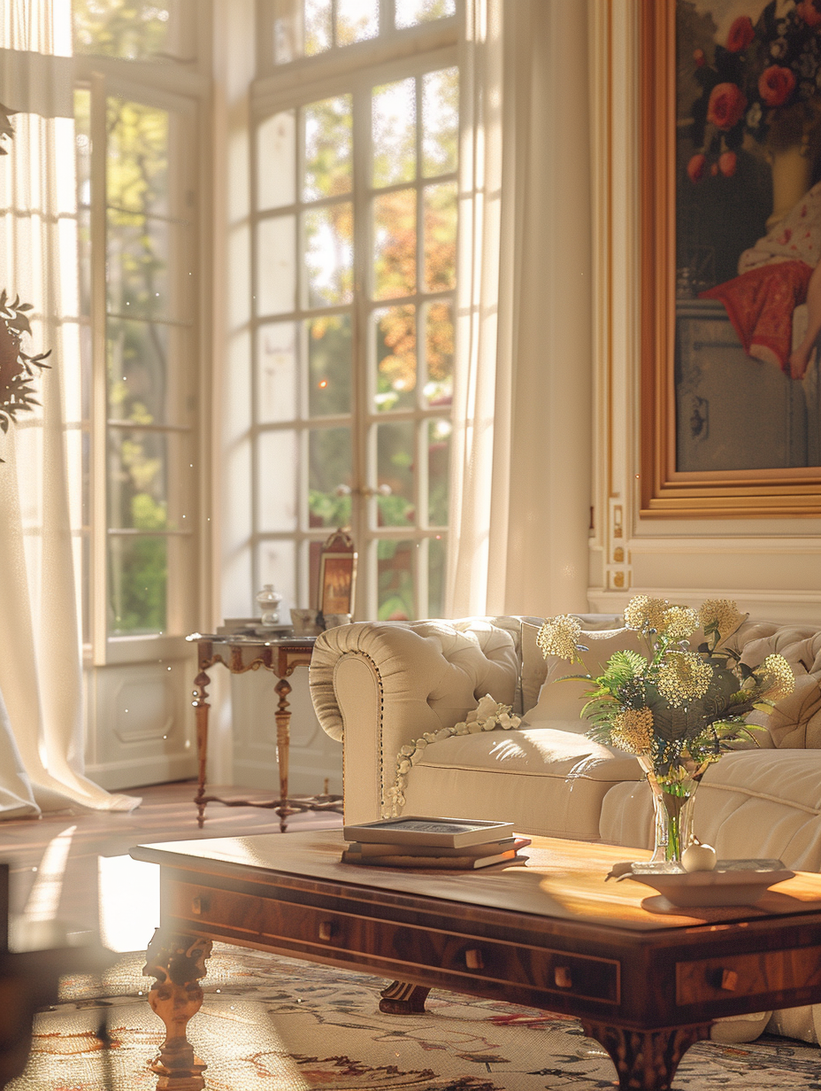 Capture a grand, sunlit living room of a lavish French villa, where the morning's soft light filters through sheer, floor-length curtains, casting gentle shadows over an opulent, cream-colored chesterfield sofa. Delicate dust particles dance in the air, visible in the sunbeams, adding a layer of realism. Focus sharply on the intricate details: the gleaming, hand-carved mahogany coffee table adorned with a vase of fresh peonies, the subtle texture of the vintage, gold-framed oil paintings on the walls, and the ornate, crystal chandelier hovering above, which scatters light creating a warm, inviting ambiance. The camera, a Canon EOS-1D X Mark III with a 24-70mm f/2.8 lens, is positioned at human eye level to enhance the room's grandeur and depth, employing a shallow depth of field to keep the sofa and coffee table in sharp focus while gently blurring the background. This technique, paired with a slight film grain effect, evokes the high-quality, photorealistic aesthetic of modern 2020s visual content, reminiscent of the work of renowned photographers like Annie Leibovitz. The composition balances the luxurious furnishings with the room's spaciousness, encapsulating the elegance and refined taste characteristic of French villa interiors.