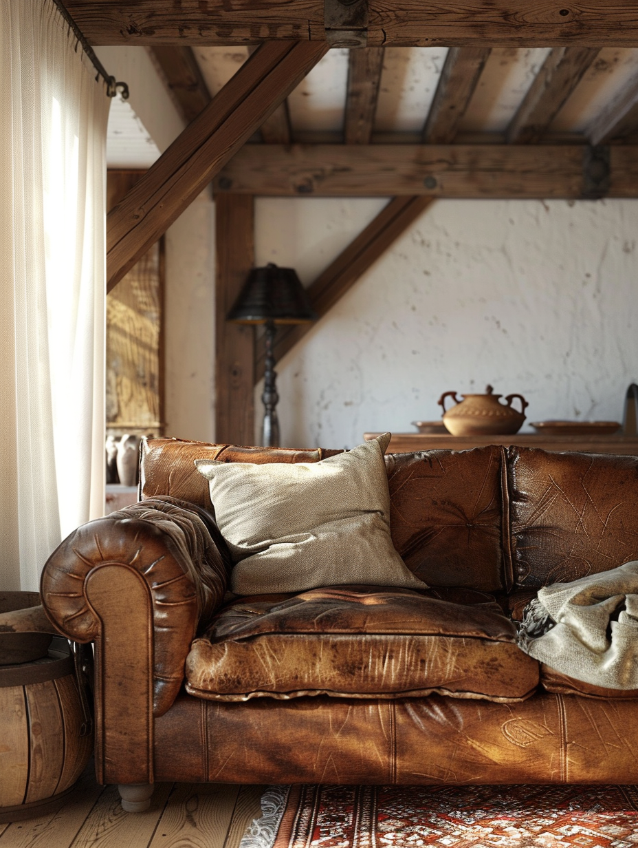 Generate a photorealistic image of a rustic farmhouse living room, exuding homely touches and warmth. The main focus should be on a well-worn, plush leather sofa, rich in patina, bathed in the soft, golden glow of the late afternoon sun filtering through sheer, linen drapes. Above the sofa, a large, reclaimed wooden beam anchors the space, while to the side, a vintage, wrought-iron floor lamp provides a secondary light source, casting intricate shadows on the distressed hardwood floors. The room is further adorned with handcrafted pottery and woven tapestries, adding layers of texture. Pay particular attention to replicating global illumination and natural light dynamics to highlight the textures of the leather, wood, and fabric. Choose a Canon EOS 5D Mark IV camera with a 50mm f/1.2 lens for its ability to capture high detail and achieve a shallow depth of field, focusing sharply on the sofa while allowing for a soft defocus of the background elements. This ensures the image resonates with the style of renowned 2020s interior photographers, balancing composition with rich, ambient lighting and a touch of film grain to add depth and realism.