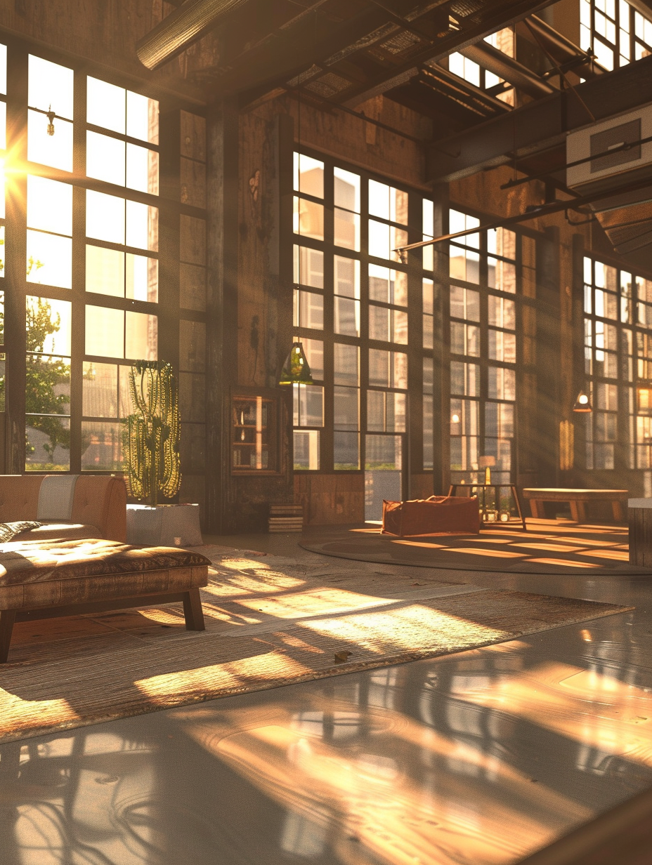 Generate a photorealistic image that encapsulates the essence of Metropolitan Chic - Urban Loft Interiors. Begin with a focus on the main living area, characterized by high ceilings and large, factory-style windows allowing for a harmonious interplay of global illumination and natural light reminiscent of a late afternoon. The scene is composed in a manner that echoes the style of renowned 2020s visual content, perhaps drawing inspiration from the cinematic depth and texture found in the works of cinematographer Roger Deakins. Capture this with a virtual camera setup emulating a full-frame DSLR, equipped with a 50mm prime lens set to f/1.8, to achieve a sharp focus on the foreground elements while softly blurring the background, enhancing the depth of field. The balance in composition should be meticulous, with attention to the placement of contemporary furniture, which combines materials like distressed leather, polished concrete, and warm, reclaimed wood, adding to the loft’s character. Advanced lighting techniques should make the metal and glass surfaces realistically reflect the interior lights and the soft, golden hues of the setting sun, creating a high-detail scene that includes subtle textures such as the soft weave of the throw rugs and the intricate grain of the wood. The image should convey an overall mood of sophisticated tranquility, inviting the viewer to step into the frame.