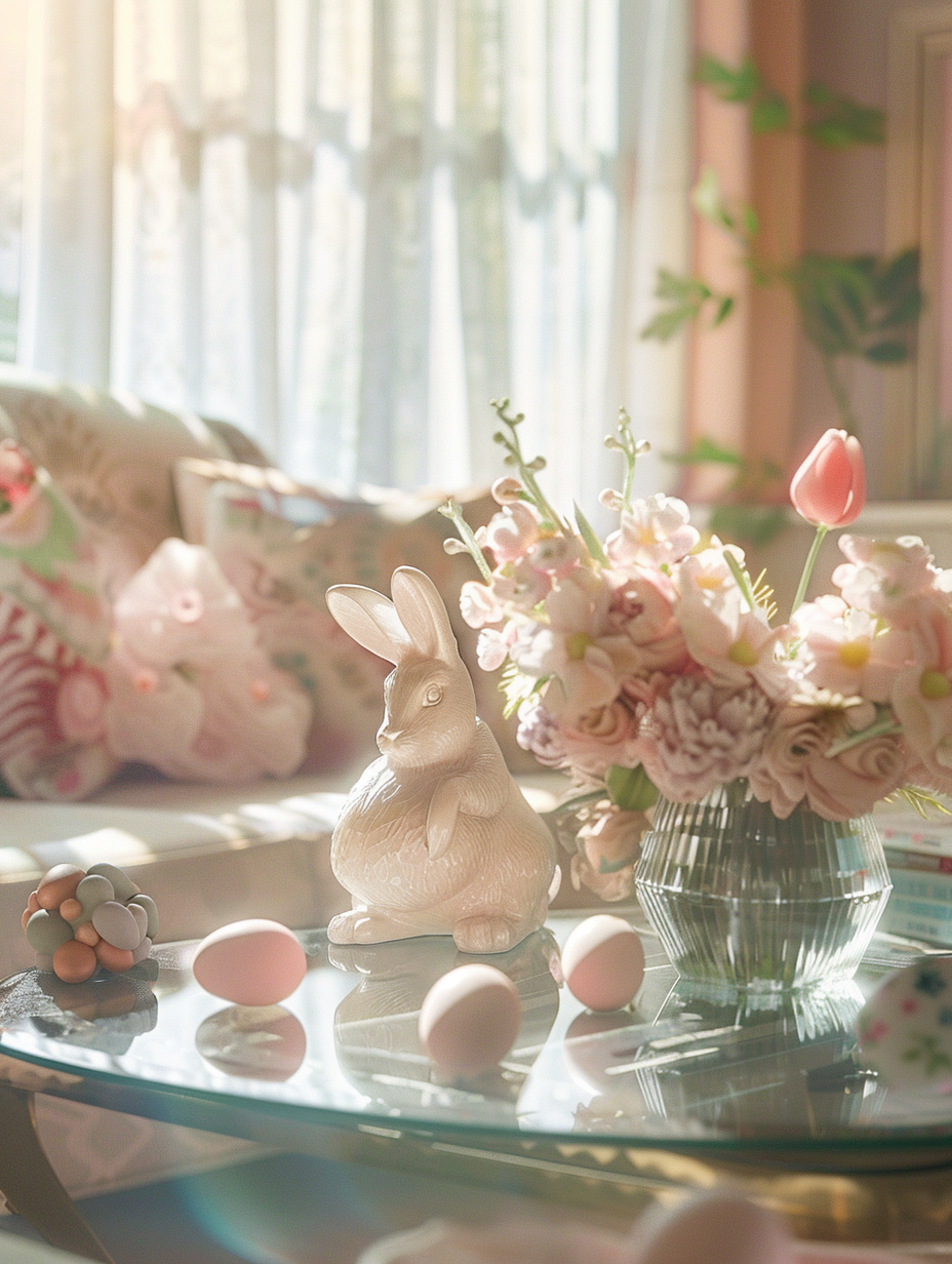 Generate a photorealistic image of a sunlit Easter-themed living room, celebrating a subtle yet festive ambiance. The main focus is a glass coffee table adorned with a delicate porcelain bunny centerpiece, surrounded by pastel-colored eggs and fresh spring flowers. Use a Canon EOS-1D X Mark III, equipped with a 24-70mm f/2.8L lens, set to capture the scene in natural morning light filtering through sheer curtains, creating a soft, diffused lighting that highlights the intricate textures of the bunny, the smooth surface of the eggs, and the velvety petals of the flowers. The composition balances the vivid colors against a neutral, elegantly furnished background, with high detail and a fine film grain texture to emulate the depth and realism typical of early 2020s high-quality interior design photography. The perspective is eye-level, allowing the viewer to feel as if they are part of the moment, creating a snapshot that's both intimate and inviting.