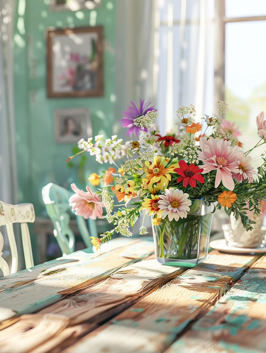 Capture a photorealistic image of a Homestead Renewal themed around Spring Decorating Ideas for the Home, bathed in the soft, warm glow of golden hour sunlight streaming through sheer curtains. The main focus is a rustic wooden dining table adorned with a centerpiece of fresh, brightly colored spring flowers in a delicate glass vase, flanked by vintage, pastel-painted chairs. Each chair showcases a hand-sewn floral cushion, adding a cozy, welcoming touch. In the background, a wall painted in soft sage green holds a series of family photos in mismatched frames, showcasing the joy of past springs. Use a Canon EOS R5 camera with a RF 24-70mm f/2.8L IS USM lens for crystal-clear imagery, set to capture at f/1.8 to achieve a shallow depth of field, blurring the background slightly to keep the table and its setting in sharp focus. Aim for a high level of detail in texture, from the grain of the wood to the delicate petal of each flower, enhanced by the natural light's play on surfaces, creating a dynamic range of highlights and shadows. Style the image in the vein of a high-quality 2020s home lifestyle magazine, ensuring a balanced composition that tells a story of renewal and warmth.