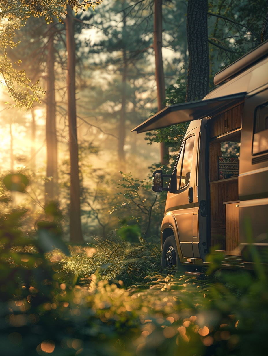 Capture a photorealistic image of an elegantly remodeled camper van parked amidst a serene forest at golden hour, emphasizing the warm glow of natural light streaming through the trees. The van's side door is open, revealing a sophisticated interior design that blends rustic charm with modern minimalism. High detail and sharp focus should be achieved using a full-frame camera equipped with a 50mm f/1.8 lens, emulating the depth and clarity akin to the work of Annie Leibovitz. The composition leverages global illumination to enhance the textural richness of the scene—soft leather upholstery, polished wood finishes, and brushed metal accents—all bathed in a soft, golden light that highlights the van as a cozy, inviting space. The balanced composition, combined with a slight film grain, adds to the realism and depth of the image, making it feel like a snapshot from a high-quality 2020s lifestyle magazine.