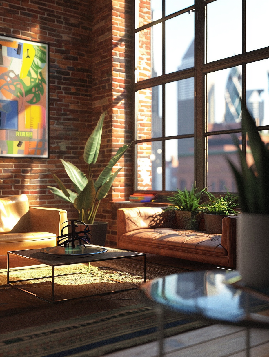 Create a photorealistic image capturing the essence of Metropolitan Chic within an Urban Loft Interior. The main subject centers on a sleek, modern living area bathed in natural light from floor-to-ceiling windows, showcasing dynamic contrasts between soft textiles and hard, industrial surfaces. Utilize global illumination to highlight texture variety, from the worn leather of a designer sofa to the smooth, reflective nature of a minimalist, metal coffee table. Employ a Canon EOS R5 camera paired with a RF 28-70mm F2 L USM lens, set to capture the scene in sharp focus, emulating the depth and detail reminiscent of a Peter McKinnon 2020s photograph. Compositionally, balance the interior's elements with the urban skyline peeking through the windows, ensuring a cohesive narrative between the indoor luxury and the city's hustle outside. Accents like a strategically placed, vibrant art piece and green indoor plants should subtly introduce color, enhancing the scene's realism and depth without overwhelming the chic, understated color palette. Aim for a morning ambiance, soft yet rich in color, casting intricate shadows that dance across the urban loft's unique textures, adding a layer of complexity and mood to the scene.