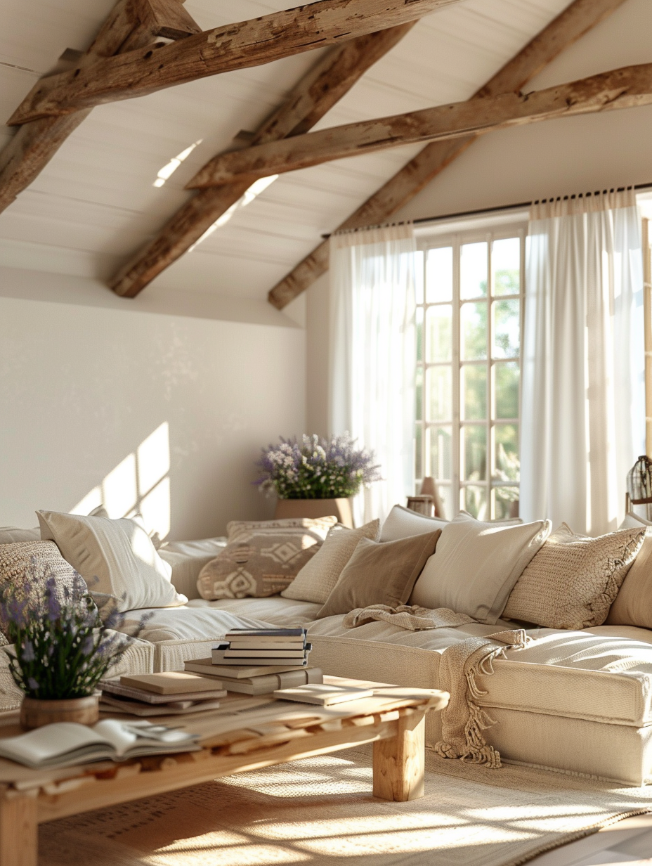 Capture a photorealistic image of a modern farmhouse interior, embodying the sophistication of updated classics. The main subject is a spacious living room with vaulted ceilings, illuminated by the soft, golden hues of late afternoon sunlight filtering through sheer, linen curtains. The scene should employ global illumination to capture the intricate dance of light and shadows across rustic wooden beams and whitewashed walls, enhancing the texture and warmth of the space. Compositionally balanced, the image places a plush, neutral-toned sofa adorned with artisanal throw pillows at its heart, flanked by vintage side tables hosting potted lavender and weathered hardcover books. The camera settings should mimic a high-quality DSLR shot, using a full-frame sensor paired with a 24mm f/1.4 lens, allowing for a wide angle yet intimate perspective with sharp focus and a shallow depth of field, capturing high detail and subtly emphasizing the material textures like the knit of the throw pillows and the grain of the wooden coffee table. Reminiscent of the appealing natural light in Peter Lindbergh’s portraitures, the interior exudes a welcoming, lived-in charm that’s both timeless and distinctly modern, with the photograph's realistic film grain texture adding to its authenticity.