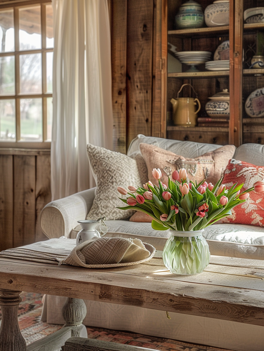 Craft a photorealistic image capturing the essence of Homestead Renewal with a Spring Decorating theme. The primary focus is a rustic, wood-paneled living room bathed in the soft, warm glow of the golden hour, achieved through natural light streaming through sheer, pastel curtains. Compositionally balanced, the image showcases a central coffee table adorned with a vase of fresh tulips, flanked by a cozy, overstuffed sofa and a handmade quilted throw. In the background, a bookshelf is cleverly repurposed to display an array of potted greenery and vintage, floral-patterned china. The scene, shot with a Canon EOS-1D X Mark III, using a 50mm f/1.2 lens for high detail and shallow depth of field, exudes a tranquil, inviting atmosphere. The image’s quality mirrors the style seen in the works of renowned photographers like Annie Leibovitz, incorporating a fine balance of sharp focus, subtle film grain, and exquisite detail to capture textures from the wooden grains to the softness of the throw. Lighting techniques such as global illumination enhance the realism, emphasizing the textures and colors with a nuanced play of light and shadow, creating a scene that’s harmonious and grounded in its setting.