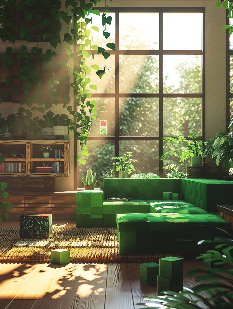 Craft a photorealistic image capturing the essence of a Minecraft-inspired interior design. The scene is bathed in the soft, golden hues of late afternoon sunlight filtering through a large, pixelated glass window, casting dynamic shadows across the room. This light reveals an environment rich with cubic furniture pieces— a plush, emerald-green cube sofa sits centrally, flanked by a low, obsidian coffee table and geometric, wooden block shelves filled with colorful, pixel-art decor items and lush, square potted plants. High-detail textures mimic real-life materials with a charming, digital twist, from the woven fabric of the sofa to the grainy wood and smooth, reflective obsidian. The composition balances modern minimalism with whimsical game elements, captured through a Canon EOS R5 camera, using a 50mm f/1.2L USM lens to ensure sharp focus on the central furniture arrangement while allowing the room's perimeter elements to softly blur into the background, creating depth. The image emulates the style of 2020s high-quality interior design photography, leveraging advanced lighting techniques— notably global illumination and the nuanced interplay of light and shadow— to evoke a palpable mood of cozy, playful sophistication.