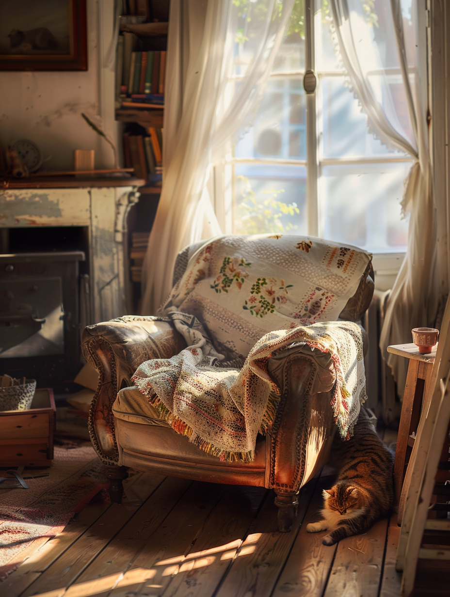 Capture a photorealistic image of a rustic farmhouse living room, embodying homely touches with meticulous attention to natural and global illumination, simulating a late afternoon setting. Utilize a full-frame DSLR camera, a 50mm f/1.4 lens, ensuring high detail and sharp focus, with a shallow depth of field isolating the main subject—a cozy, well-worn leather armchair adorned with handmade quilts. The scene is bathed in the golden hues of sunset streaming through sheer, billowing curtains, creating a dynamic range of light and shadow that highlights the texture of the wooden floors and exposed beams. Incorporate elements like a flickering fireplace, a vintage wooden coffee table strewn with well-loved books, and a lazy house cat basking in the sunbeam, to enhance the warmth and lived-in feel. Aim for a balance in composition that evokes the style of a Sean Tucker portrait, with a nod to the organic, earthy tones and textures that define farmhouse aesthetics. Apply a subtle film grain in post-processing for that authentic 2020s high-quality visual content look, capturing the essence and mood of rustic farmhouse living.