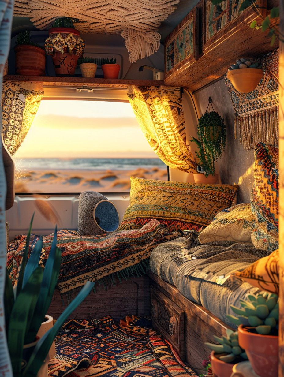 Capture a photorealistic image of the interior of a Boho-style camper van, bathed in the golden glow of a setting sun filtering through partially open, macrame curtains. The scene is densely packed with rich textures: a plush, Moroccan-patterned throw over a built-in bench seat, a variety of potted succulents perching on rustic wooden shelves, and woven tapestries adorning the walls. The van is parked near a beach, allowing for the interplay of the warm interior lights with the cool, ambient dusk light, creating a cozy yet airy atmosphere. Employ a Canon EOS R5 camera paired with a Canon RF 24-70mm F2.8 L IS USM lens, set to f/2.8 to achieve a sharp focus on the interior while softly blurring the beach scene visible through the window. The composition thrives on the balance between the warmth inside and the cool tones of the exterior, capturing the van's essence as a snug retreat after a day in the sun. Aim for high detail and a fine film grain to convey texture, invoking the timeless visual style reminiscent of high-quality 2020s lifestyle photography.