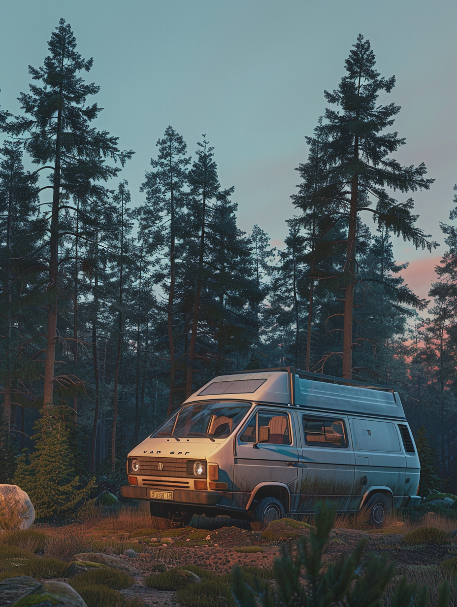 Capture a photorealistic image of a thoroughly modern, newly remodeled camper van parked amidst the serene beauty of an alpine forest at golden hour, embodying the essence of freedom and adventure. The main focus should be on the van's sleek, white exterior with pops of vibrant color, detailed with realistic textures such as the brushed metal of the trim and the matte finish of the solar panels on the roof. The interior glimpses through tinted windows promise a compact, yet ingeniously organized space, featuring wood accents and soft, LED lighting that suggests a warm, inviting atmosphere inside. This scene should be shot with a full-frame DSLR camera, using a 35mm lens, f/1.8 aperture to ensure a sharp focus on the van while gently blurring the lush, green background, encouraging a sense of depth. The lighting must exhibit the nuanced interplay of the late afternoon sun, filtering through the trees, casting dynamic shadows, and highlighting the van's contours, with the sky transitioning from a pale blue to soft shades of pink and orange, adding a soothing, yet vibrant backdrop. Aim for a composition that balances the van's modernity with the timeless beauty of nature, referencing the high-definition, vibrant style of 2020s landscape photographers like Chris Burkard, yet with a personal, intimate touch akin to the work of Alex Strohl. Prioritize high detail, realistic textures, and a balanced composition to make the image come alive, as if one could step right into the scene.