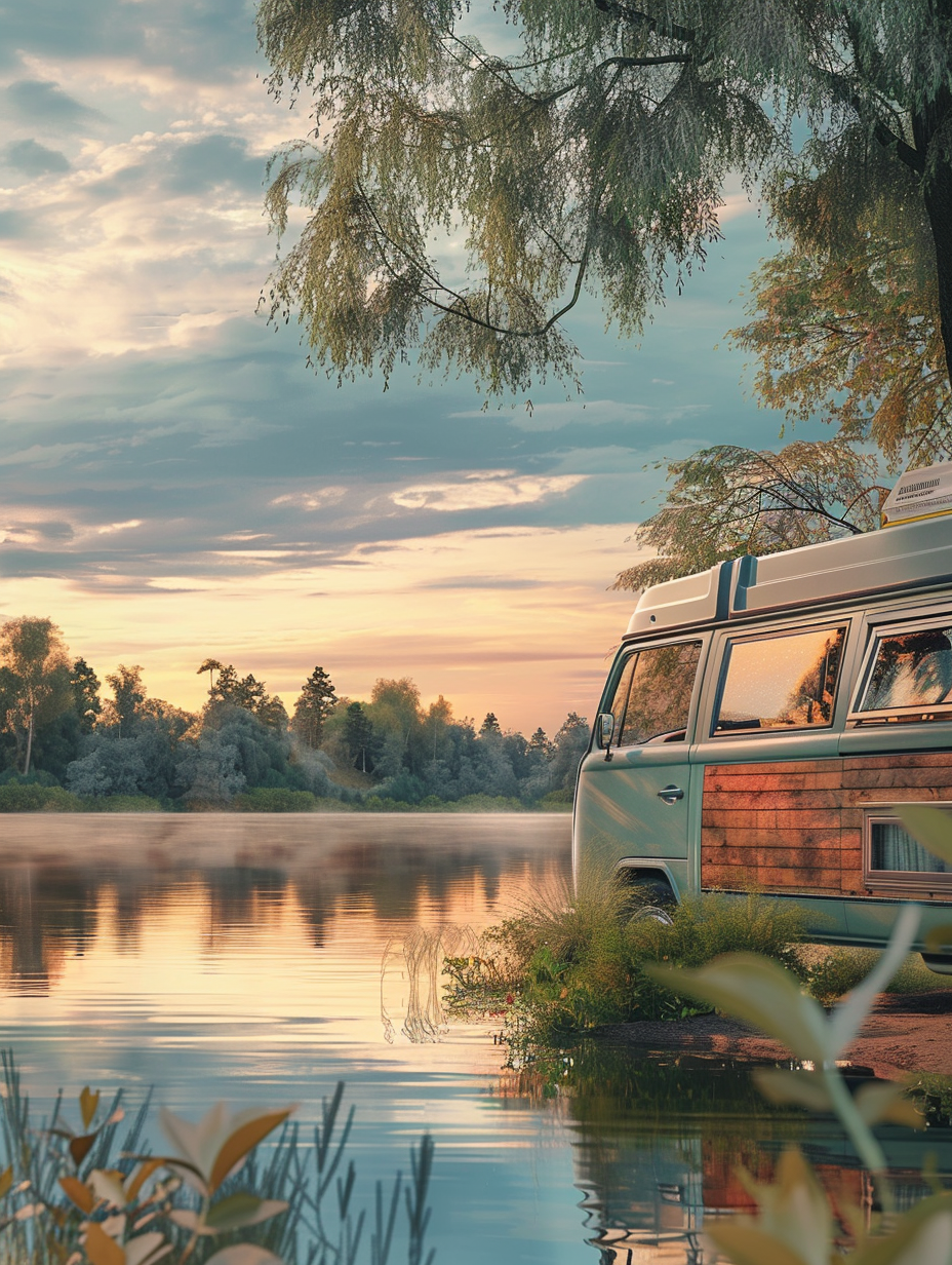 Craft a photorealistic image of a modernly remodeled camper van, parked by a serene lake at golden hour, highlighting the van's sleek, compact design with Scandinavian interior aesthetics. The image should be taken with a Canon EOS 5D Mark IV, using a 24-70mm f/2.8L lens to ensure sharp focus and high detail across the scene. Utilize HDR techniques to capture the rich textures of the wood-paneled interior and the soft, diffused natural light pouring through open windows, creating a cozy, inviting atmosphere. The composition should be balanced, featuring the lush greenery surrounding the lake, complemented by the warm golden sunlight reflecting off the van's polished surface and the water, adding depth and realism. Aim for a depth of field that keeps the camper van in crisp focus while gently blurring the background, emulating the style of high-quality 2020s lifestyle photography, with a nod to the organic, natural ambiance captured in the works of photographers like Chris Burkard.