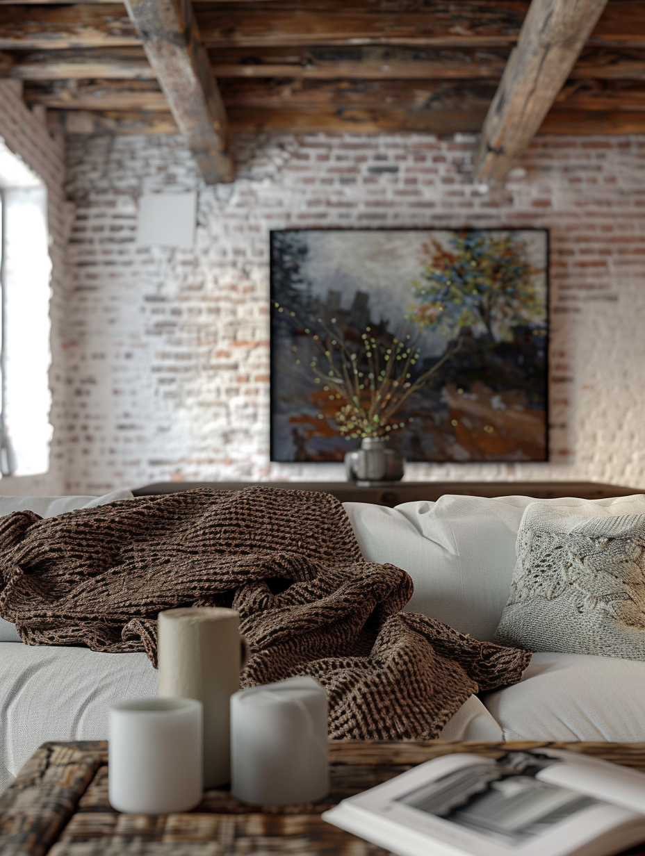 aged wooden beams overhead contrast with the contemporary art pieces adorning the whitewashed brick walls. Detailed textures such as the knotted wood grain of the coffee table and the soft, inviting weave of the hand-knitted throw on the sofa enhance the image's realism. Apply advanced lighting techniques to mimic the soft glow of early morning light, creating a warm, inviting atmosphere that highlights the rich textures and materials. Utilize a full-frame camera paired with a 50mm f/1.4 lens, setting the aperture to f/2 for a shallow depth of field that keeps the sofa in sharp focus while gently blurring the background elements. Aim for a look reminiscent of high-quality 2020s visual content, with attention to high detail, natural color saturation, and subtle film grain to add depth and a tactile sense to the image.