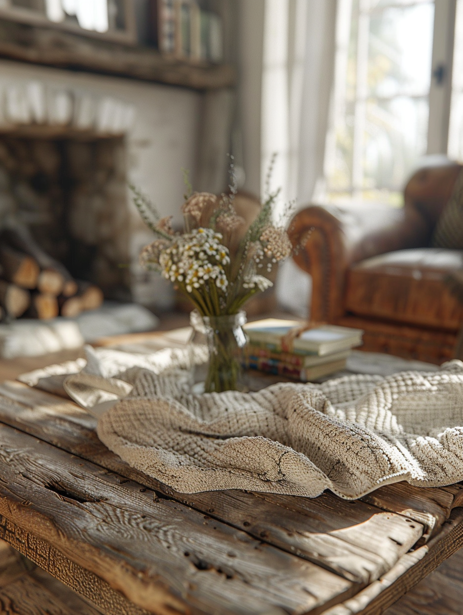 Craft a photorealistic image capturing the essence of a rustic farmhouse living room, embodying the warmth of homely touches. The main subject focuses on an antique wooden coffee table, bathed in the soft, natural light filtering through sheer linen curtains, creating a cozy ambiance with dynamic shadows and highlights. Surround it with plush, hand-knitted throws, weathered leather armchairs, and a sturdy, stone fireplace in the background, its mantle adorned with vintage finds. Ensure the scene's authenticity with high detail, sharp focus, and a subtle film grain, akin to the visual style of a high-quality 2020s lifestyle magazine. Utilize a Canon EOS R5 camera coupled with a Canon RF 24-70mm f/2.8L IS USM lens, set to a focal length of 50mm to achieve a natural field of view, ensuring everything from the textured patina of the coffee table to the softness of the afternoon light is captured with lifelike precision. The composition balances the lived-in feel of the room with the elegance of rustic aesthetics, mirroring the work of renowned photographers in capturing real-life moments.