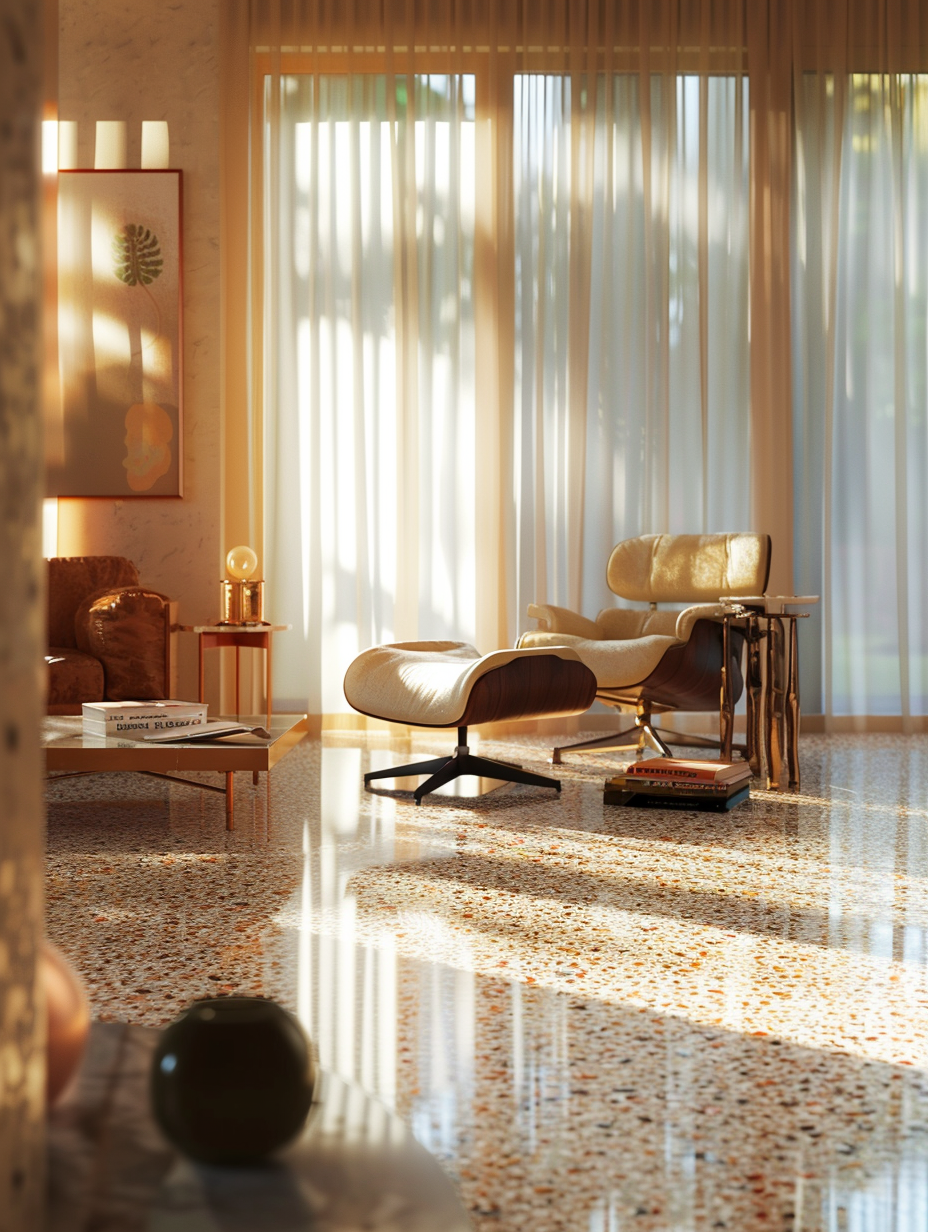 Capture a photorealistic image of an interior design embodying a Retro Revival theme, highlighted by the intricate use of Terrazzo flooring. The room is bathed in the golden hues of natural light streaming through sheer curtains, creating a soft, global illumination that accentuates the colorful flecks within the Terrazzo. Furnishings, a mix of mid-century modern and contemporary pieces, are arranged meticulously to support a balanced composition, evoking the chic feel of a 2020s high-end interior design magazine spread. The camera, a Canon EOS R5 equipped with a 24-70mm f/2.8L lens, is set to capture this scene in sharp focus, utilizing a depth of field that ensures the texture of materials—smooth leather, soft velvet, and the polished Terrazzo—are palpable, with an almost tangible quality. Lighting, both natural and accentuated by strategically placed soft LED sources, plays off the surfaces to create a dynamic range of light and shadow, adding depth and dimension. Aim for a visual style reminiscent of Annie Leibovitz’s portraiture composition, but applied to interior design, resulting in an image that’s vivid, with high detail and just a touch of film grain to convey a sense of warmth and authenticity.