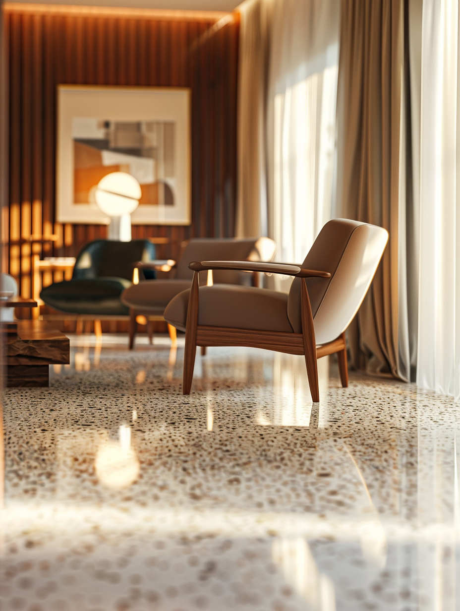 Generate a photorealistic image capturing a spirited Retro Revival themed interior, prominently featuring polished Terrazzo flooring, aglow with the soft, diffuse light of golden hour. The scene is balanced, with mid-century modern furniture—sleek, curved lines, deep woods contrasting the vibrant flecks within the Terrazzo. High detail and sharp focus, akin to a Peter Lindbergh portrait, draw the eye to the texture of materials, from the smooth Terrazzo sparkle to the velvety finish on a vintage armchair. The lighting, a blend of natural sunlight filtering through sheer curtains and subtle global illumination, enhances the depth and mood, creating shadows that dance lightly on the surfaces. Shot on a Canon EOS-1D X Mark III, with a 50mm f/1.2L USM lens, at ISO 100, the composition achieves a depth of field that emphasizes the room's ambience while incorporating a hint of film grain for texture, reflecting the nuanced aesthetics of 2020s high-definition visual content.