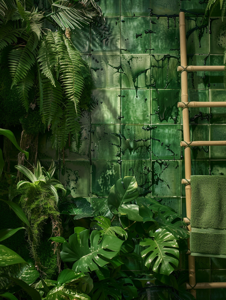 ferns, hanging pothos, and towering monstera plants evoke a wild, organic feel. The walls are adorned with rich, mossy green tiles that reflect the light, enhancing the vibrancy of the plants. In the background, a bamboo ladder leans against the wall, holding fluffy, green towels. The camera, a Canon EOS R5 with a 24-70mm f/2.8 lens, captures this scene from a slight low angle, emphasizing the height of the plants and creating a dynamic composition. The image style mimics the clarity and depth found in the works of the 2020s renowned photographers, with a sharp focus on the details of water droplets on the leaves and the texture of the tiles, complemented by a subtle film grain to add texture and depth, ensuring the scene feels alive and breathing, akin to a still from an iconic, visually stunning film scene.