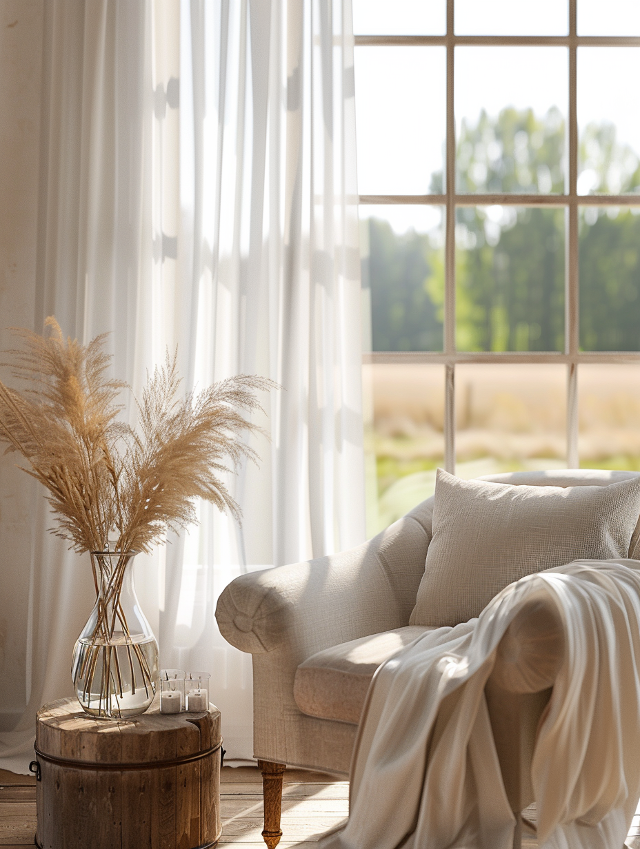 Create a photorealistic image of a modern farmhouse interior, emphasizing the serene harmony of rustic charm and contemporary elegance. The main subject is the bright, airy living space, bathed in soft, natural light filtering through sheer linen curtains. The camera, a Canon EOS R5 with a 24-70mm f/2.8 lens, captures the scene in sharp focus, utilizing a portrait composition to enhance the depth and detail of the environment. The image should mirror the high-quality visual content of the 2020s, reminiscent of a scene captured by renowned photographer Simon Upton, with a subtle nod to the warm, inviting atmospheres found in Nancy Meyers’ films. Pay special attention to the balance of light and shadow, highlighting the texture of materials like the distressed wood flooring, plush neutral-toned fabrics, and sleek, modern metal accents. The mood is calm and welcoming, with a color palette that combines earth tones with pops of soft pastels, reflecting the perfect blend of updated classics in a modern farmhouse setting. The overall effect should evoke a sense of place and time, captivating the viewer with its high detail, clarity, and realistic portrayal of space, texture, and light.