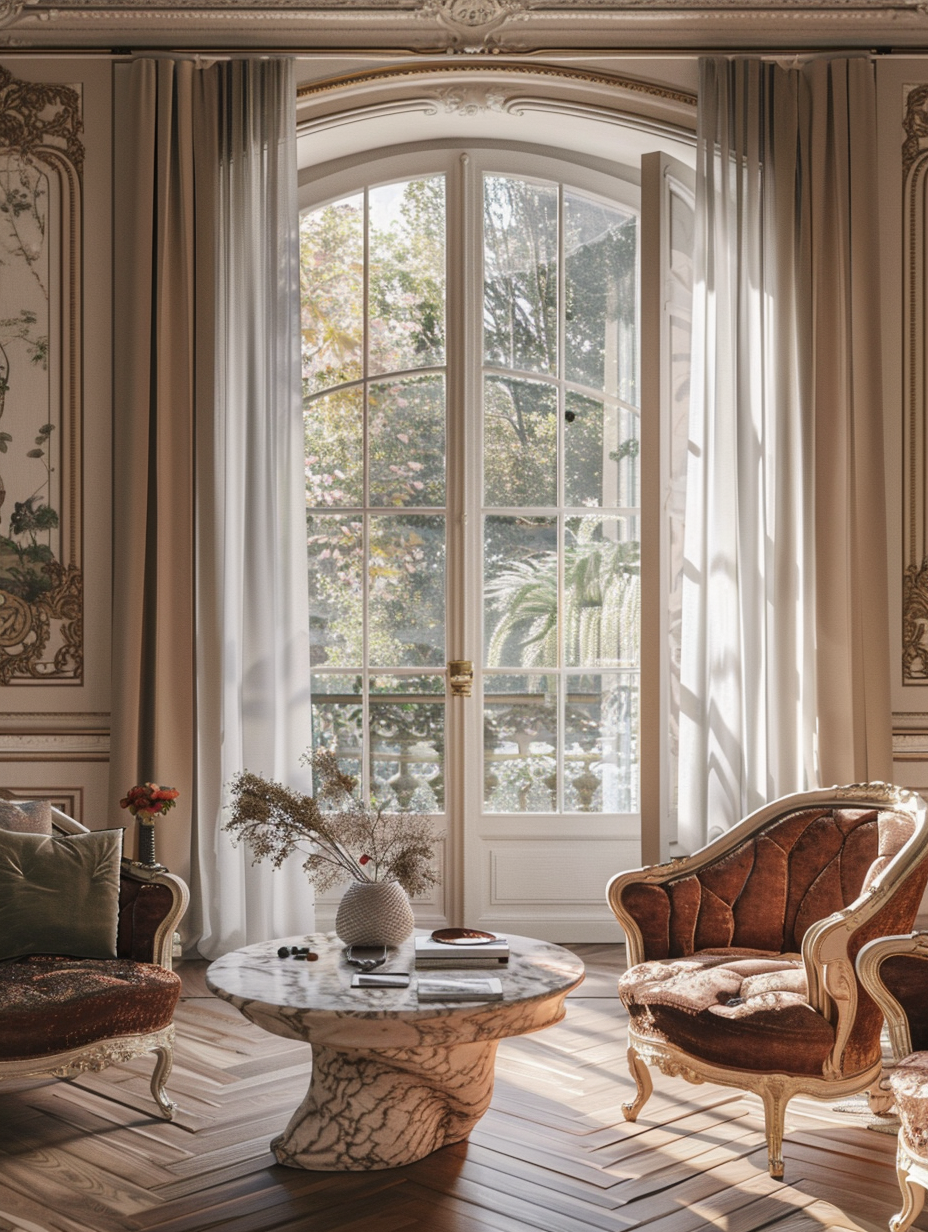 Craft a photorealistic image of a lavish French villa's interior, embodying the high detail and sharp focus typical of early 2020s luxury home photography, akin to the work of photographers like Simon Watson. The image should capture the morning light filtering through sheer curtains, casting soft, ambient lighting that highlights the intricate patterns of the vintage parquet floor and the luxurious texture of the velvet upholstered furniture which is tastefully placed around an ornate, marble-topped coffee table. Opt for a camera setup that mimics a medium format digital camera, utilizing a 50mm lens at f/2.8 to achieve a natural depth of field, rendering foreground elements in crisp detail while gently softening the background without losing the context of space. Carefully balance the composition to include a hint of the richly decorated ceiling and elegant, heavy drapes, adding depth and framing the scene naturally. Pay special attention to the realistic rendering of materials