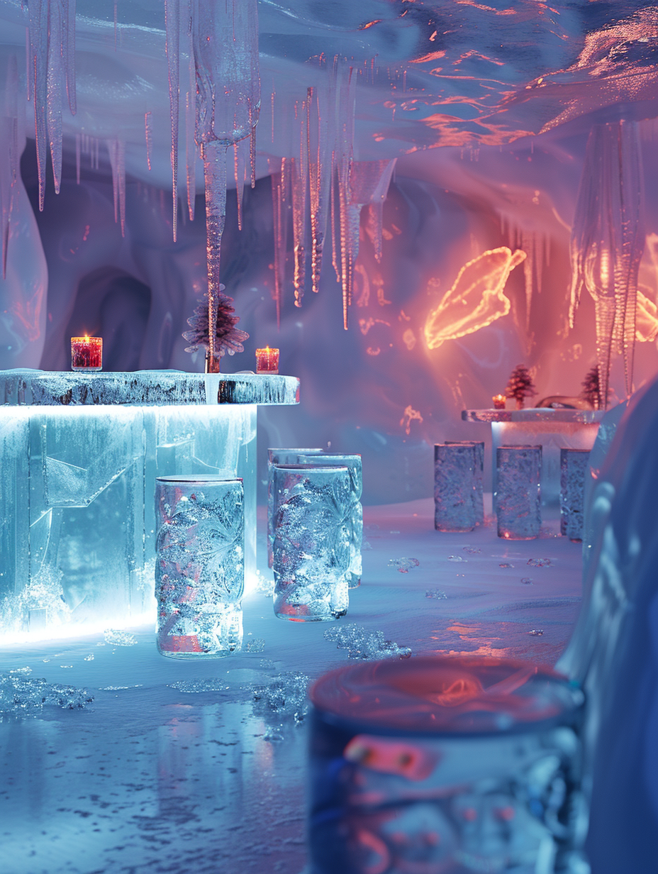 Craft a photorealistic image of a bar interior inspired by the North Pole, emphasizing high detail and sharp focus. Use a Canon EOS-1D X Mark III, equipped with a Canon EF 24mm f/1.4L II USM lens, settings adjusted to maximize depth of field and capture the gleam of ice sculptures that double as furniture, under the glow of aurora-inspired LED ambient lighting. Mimic the 2020s high-quality visual content, with reference to Gregory Crewdson's meticulous lighting, ensuring global and natural light play across the scene to highlight the textures of frosted glass and the subtle iridescence of ice. The composition should be balanced, with a central ice bar casting soft reflections on the polished icy floor, surrounded by ice stools and tables. Ambient sounds of distant Arctic winds and the occasional clink of ice glasses enhance the immersive atmosphere. The image should capture the magic of the North Pole, blending fantastical elements with photorealistic details like the fine mist rising from a bespoke cocktail, showcasing the interplay of light and shadow.