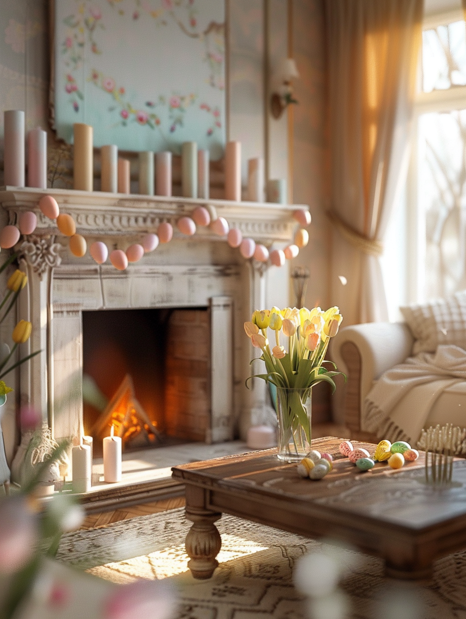 Capture a photorealistic image of a cozy, Easter-themed living room in the soft, golden glow of early morning. The scene is balanced and grounded with a combination of natural light streaming through sheer curtains and the warm ambience of global illumination, mimicking the subtle interplay of light and shadow. Central to the composition are a pastel-colored Easter egg garland draped gracefully over a rustic fireplace mantel, flanked by tall, white pillar candles, and a whimsically decorated Easter tree in the corner, adorned with finely detailed eggs, soft pink and yellow ribbons. The room's furnishings—a plush, ivory sofa adorned with pastel throw pillows, a distressed wooden coffee table holding a vase of fresh, dewy tulips—echo the Easter theme, complemented by the soft, inviting texture of a woven cream rug underfoot. High detail, sharp focus, and a subtle film grain enhance the textures of the room, from the crackling fireplace to the soft, fibrous rug, invoking the style of high-quality 2020s interior photography. Use a full-frame DSLR camera setup, with a 50mm f/1.4 lens, to achieve a natural depth of field, focusing on the fireplace while softly blurring the foreground and background. This image is a testament to the serene and joyful spirit of Easter, captured with the precision and beauty of modern visual content.