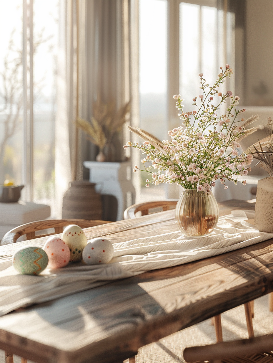 Generate a photorealistic image of a cozy, sunlit living room transformed for Easter, inspired by the style of contemporary interior design photographers like Nicole Franzen. The main view focuses on a rustic wooden table adorned with a delicate pastel Easter table runner, flanked by soft, plush armchairs in muted tones. Atop the table sits an elegant arrangement of classic Easter elements: a large, intricately painted Easter egg centerpiece surrounded by smaller, similarly decorated eggs and delicate spring flowers in soft pinks and yellows, their petals almost translucent under the naturally diffused sunlight pouring in from large, floor-to-ceiling windows equipped with sheer curtains. The room basks in the warmth of the golden hour, enhancing the textures of the wooden table, the softness of the chair fabrics, and the subtle sheen of the painted eggs. The scene should evoke a serene, inviting atmosphere, with a precise balance of shadows and highlights to add depth, using global illumination techniques to mimic real-life light dynamics. The camera settings aim for sharp focus and high detail, employing a full-frame DSLR with a 50mm prime lens, aperture set to f/2.8 to achieve a soft background blur while keeping the main subjects crisply in focus, emulating the depth and clarity of 2020s high-quality visual content.