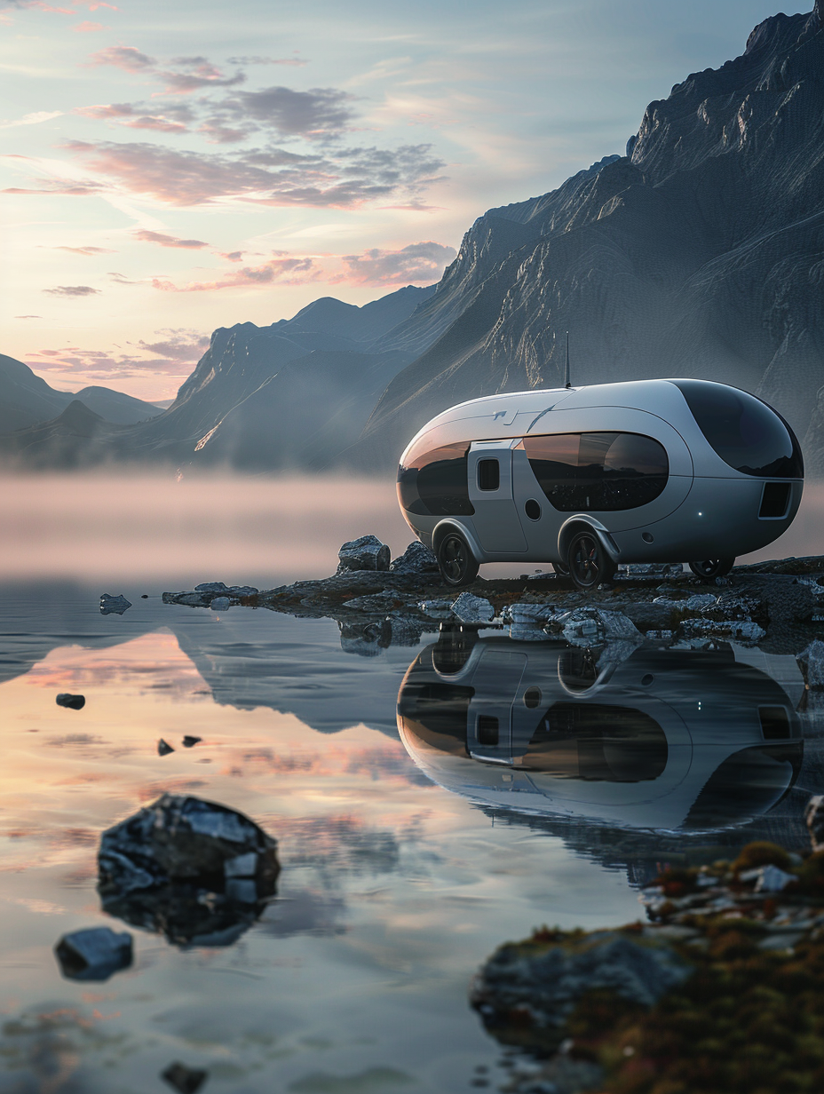 Capture a high-detail, photorealistic image of a futuristic camper van perched at the edge of a serene, misty lake at dawn, emulating the clarity and vibrance found in Peter McKinnon's 2020s work. The vehicle, sleek and metallic, reflects the soft, diffuse morning light, offering a contrast against the rugged, dew-covered terrain. Employ a Canon EOS-1D X Mark III, using a 24mm f/1.4L lens at f/8 for sharp focus across the scene, capturing the texture of materials and the subtle interplay of light and shadow. Incorporate advanced lighting techniques like HDR for dynamic range and global illumination to achieve a realistic atmosphere. The composition should balance the van’s innovative design with its environment, highlighting details like solar panels, smooth curves, and the integration of technology with nature. Aim for a style that feels like a snapshot from real life, with a touch of film grain to enhance texture and depth without detracting from the scene's modernity.