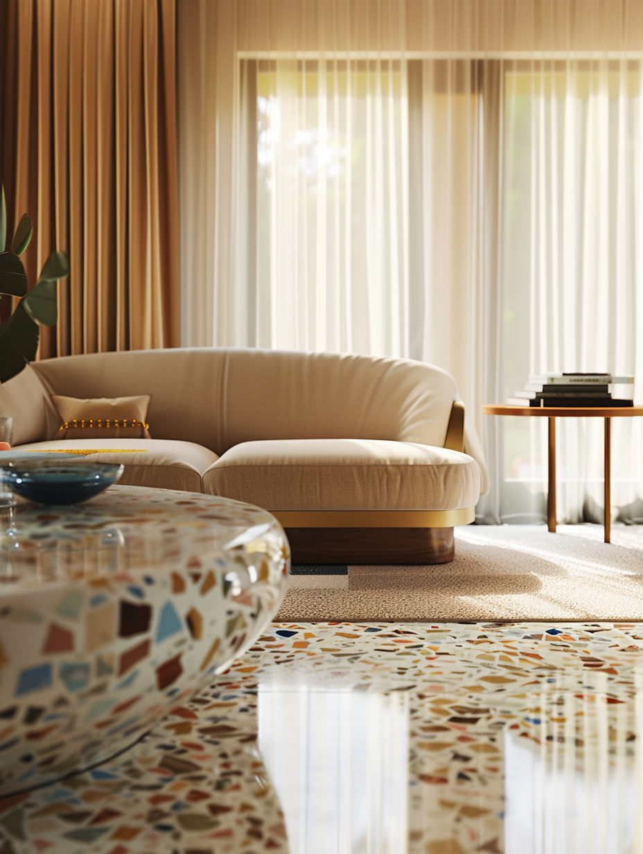 Craft a photorealistic image that captures the essence of Interior Designs With Terrazzo - Retro Revival Themed. The main subject is a spacious living room bathed in the soft, diffuse light of a late afternoon, filtering through sheer curtains to highlight the intricate patterns of the terrazzo flooring. This scene should be shot with a full-frame DSLR camera, using a 50mm prime lens at f/1.8 to ensure a depth of field that softly blurs the room's edges while keeping the terrazzo patterns in sharp focus. Emulate the style seen in the works of Julius Shulman, where each composition element balances light and shadow to enhance the texture of materials, from the velvety finish on a mid-century modern sofa to the glossy surface of a terrazzo coffee table. Advanced lighting techniques, such as global illumination, should mimic real-world conditions, showcasing the terrazzo's vibrant chips of marble, quartz, and glass against a backdrop of retro-inspired décor. The image's mood is nostalgic yet fresh, with a color palette that harmonizes pastels and bold shades reminiscent of the 2020s high-quality visual content. Pay attention to detail, applying high-detail rendering and a subtle film grain effect to achieve a level of realism that makes the viewer believe they could step right into the scene.