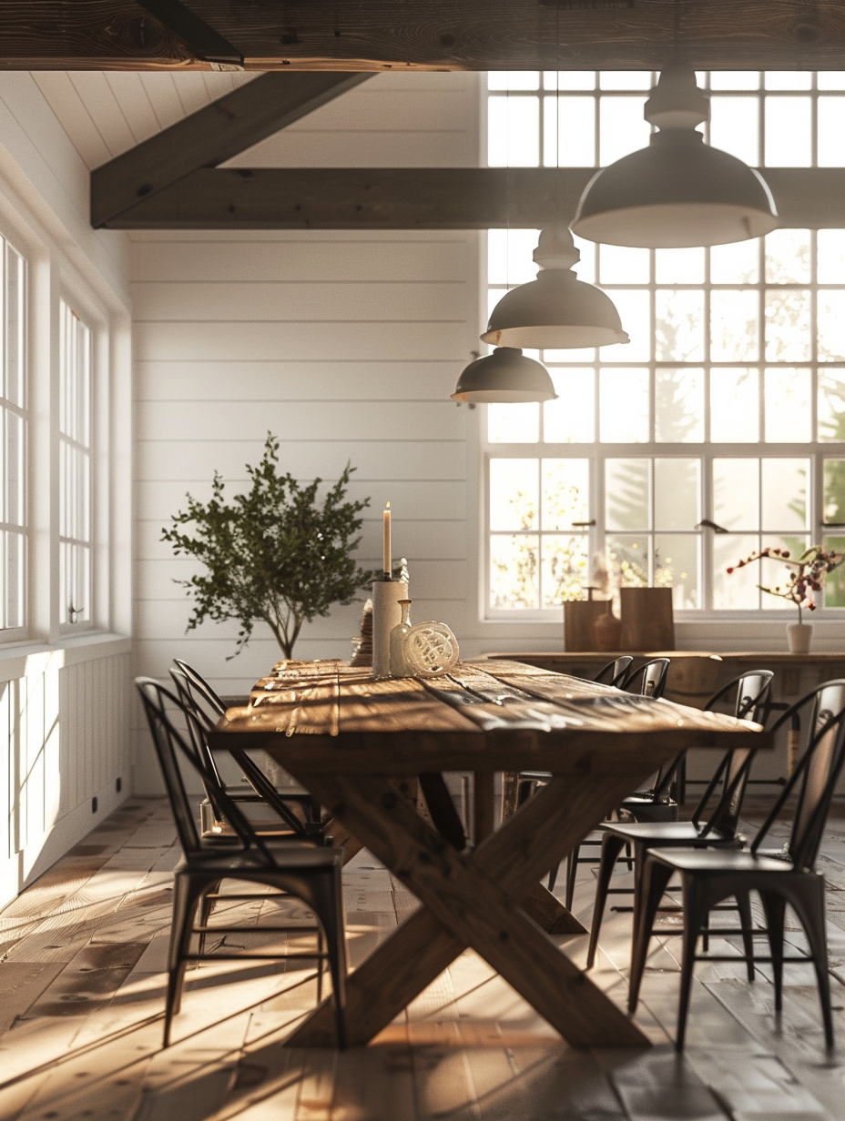 Capture a modern farmhouse interior bathed in the soft, golden light of late afternoon. The scene is composed of a spacious, open-plan living area centered around a rough-hewn wooden table, contrasted by sleek, black metal chairs and minimalist decor. Natural light filters in through large, grid-paned windows, highlighting the intricate texture of the white shiplap walls and the warm oak floorboards. A high-ceiling with exposed beams adds to the rustic charm, softened by modern pendant lights. The camera, a Canon EOS 5D Mark IV with a 24-70mm f/2.8L lens, is positioned at human eye level to capture this inviting scene in sharp focus and high detail, emulating the depth and clarity seen in works by renowned interior photographers. The composition balances the rustic authenticity of farmhouse aesthetics with contemporary elegance, ensuring the image is a photorealistic portrayal of updated classic style in the 2020s.