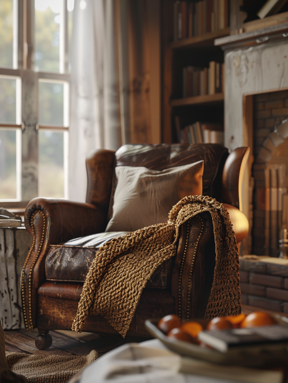 Capture a photorealistic image of a rustic farmhouse living room, enveloped in the golden hues of late afternoon sun filtering through sheer linen curtains. The main focus: a well-worn leather armchair beside a crackling fireplace, a chunky knit throw draped casually over its side. Surrounding this cozy vignette, the room boasts a mix of reclaimed wood furniture and vintage finds, including a distressed coffee table and an antique bookshelf teeming with well-loved novels and family heirlooms. The scene, shot with a Canon EOS-1D X Mark III, using a 50mm f/1.2 lens to achieve a shallow depth of field, places emphasis on the textures and warm tones of the space. Lighting should mimic the soft, diffused natural light typical of late afternoon, with shadows adding depth and dimension, ensuring that every detail, from the grain of the wood to the softness of the throw, is rendered in high detail and sharp focus. Advanced lighting techniques to highlight the interplay of light and shadow, enhancing the homely atmosphere. Mirror the style of Annie Leibovitz's intimate, narrative-driven portraits, ensuring the composition is balanced and rooted in authenticity, with a hint of film grain to add texture and a vintage feel, evocative of high-quality 2020s visual content.