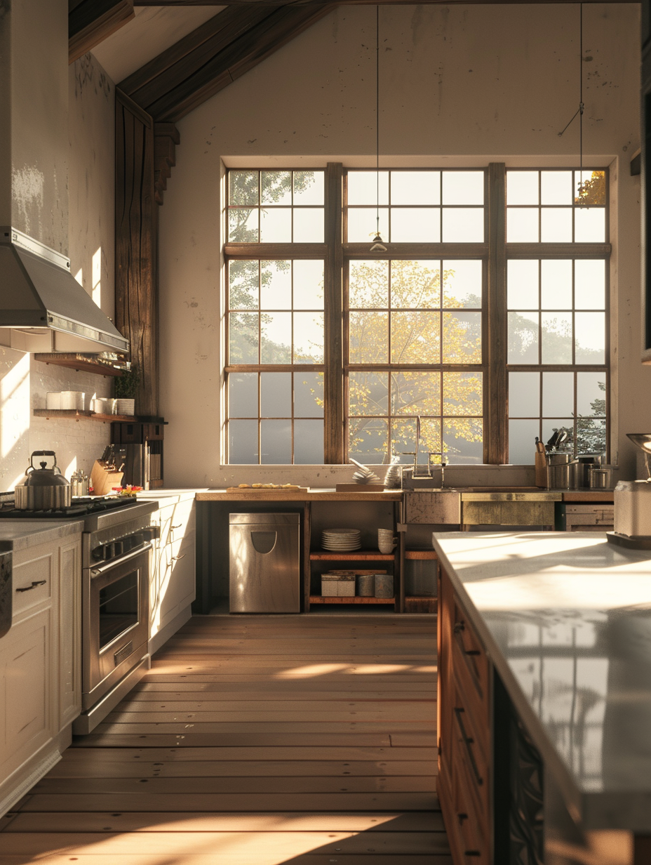 Generate a photorealistic image of a modern farmhouse interior embodying high detail and sharp focus, reminiscent of the style seen in 2020s premium home design magazines. The setting is illuminated by natural light streaming through large, paneled windows, creating a dance of light and shadow across a rustic yet sleek kitchen. The composition balances old and new: stainless steel appliances gleam beside a vintage, reclaimed wood island. Materials are rich in texture, from the smooth, cool marble countertops to the warm, rough wooden beams overhead. Global illumination should highlight these textures, with a touch of film grain for depth. The camera setup mimics that of a Canon EOS R5, equipped with a 24mm f/1.4L lens, to capture the atmosphere in vivid detail without distortion, ensuring the room's spaciousness and intricate design elements are in full view. This scene should evoke a sense of serene sophistication, as if it were a snapshot taken by a renowned architectural photographer at the golden hour, where every element exists in perfect harmony.