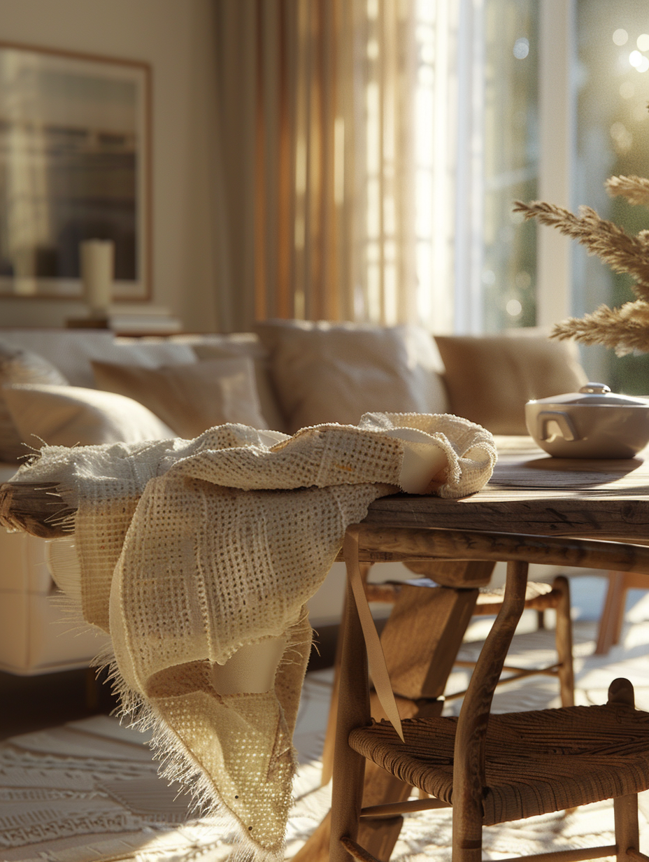 Craft a photorealistic image of a modern farmhouse interior, inspired by the natural, diffused light aesthetic in Nancy Meyers' films. The scene is bathed in soft, golden-hour sunlight filtering through sheer curtains, casting gentle shadows and highlighting the textures of a rustic wooden dining table, sleek, contemporary chairs, and plush, neutral-toned textiles. The camera, a Canon EOS R5 equipped with a 35mm f/1.4L lens, captures this scene in sharp focus, ensuring each detail—from the grain of the wood to the softness of the fabrics—is rendered with high detail and subtle film grain, mirroring the quality of 2020s visual content. The composition is balanced, with the table acting as the focal point, surrounded by an ensemble of modern and traditional elements that define a sophisticated yet cozy atmosphere.