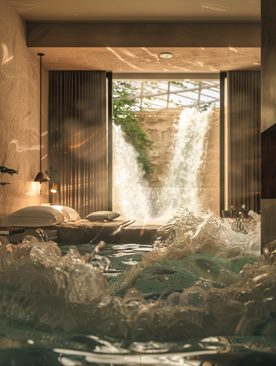 Capture a photorealistic image of a Luxury Hotel Room, inspired by cascading waterfalls, bathed in natural light. Prioritize a wide-angle lens on a full-frame camera, mimicking the ethereal quality of an Annie Leibovitz portrait, to achieve depth with sharp focus and high detail. The room blends serene waterfall aesthetics with modern luxury